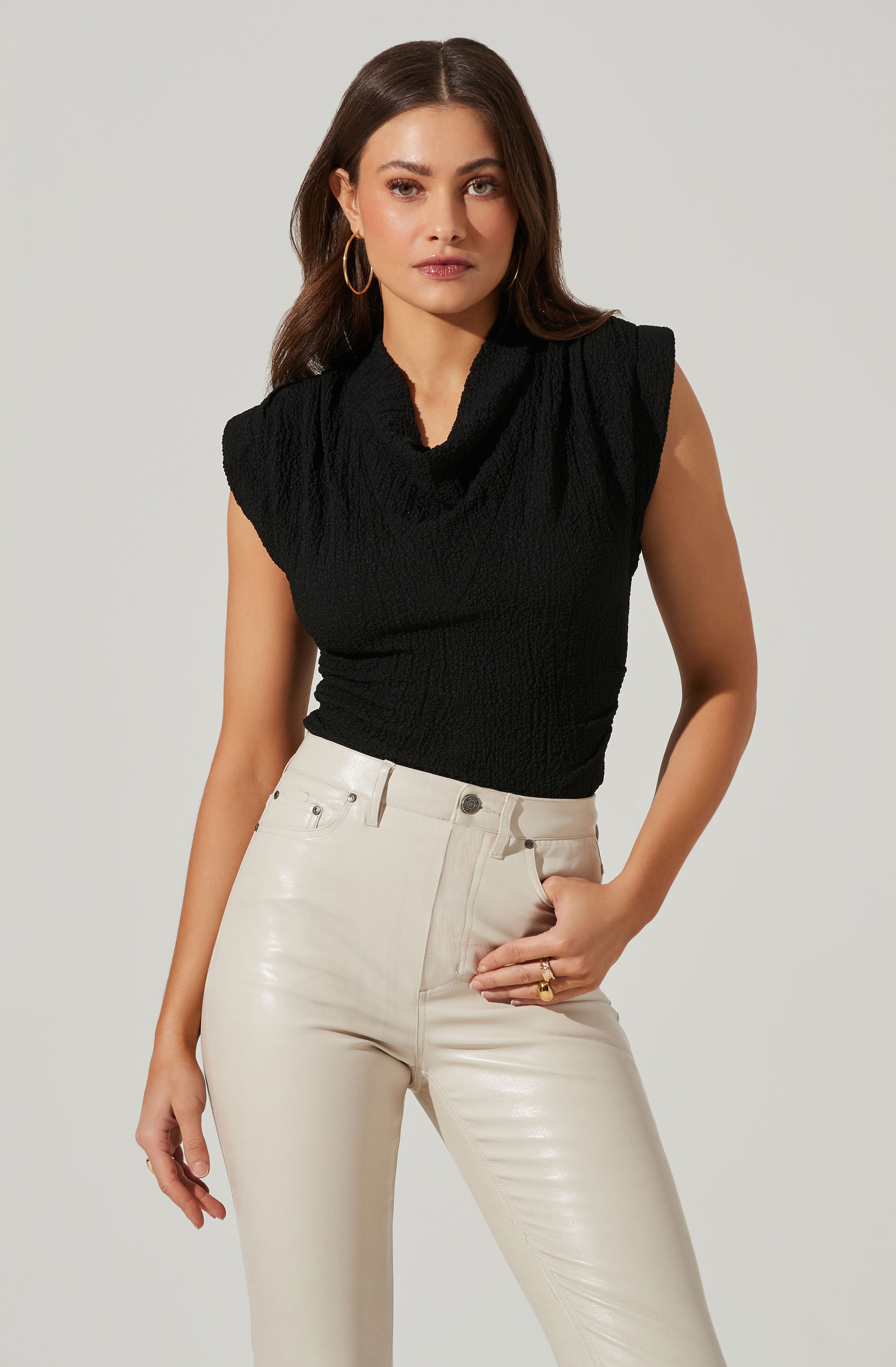 Pleated Cowl Neck Power Shoulder Tank-Aljck