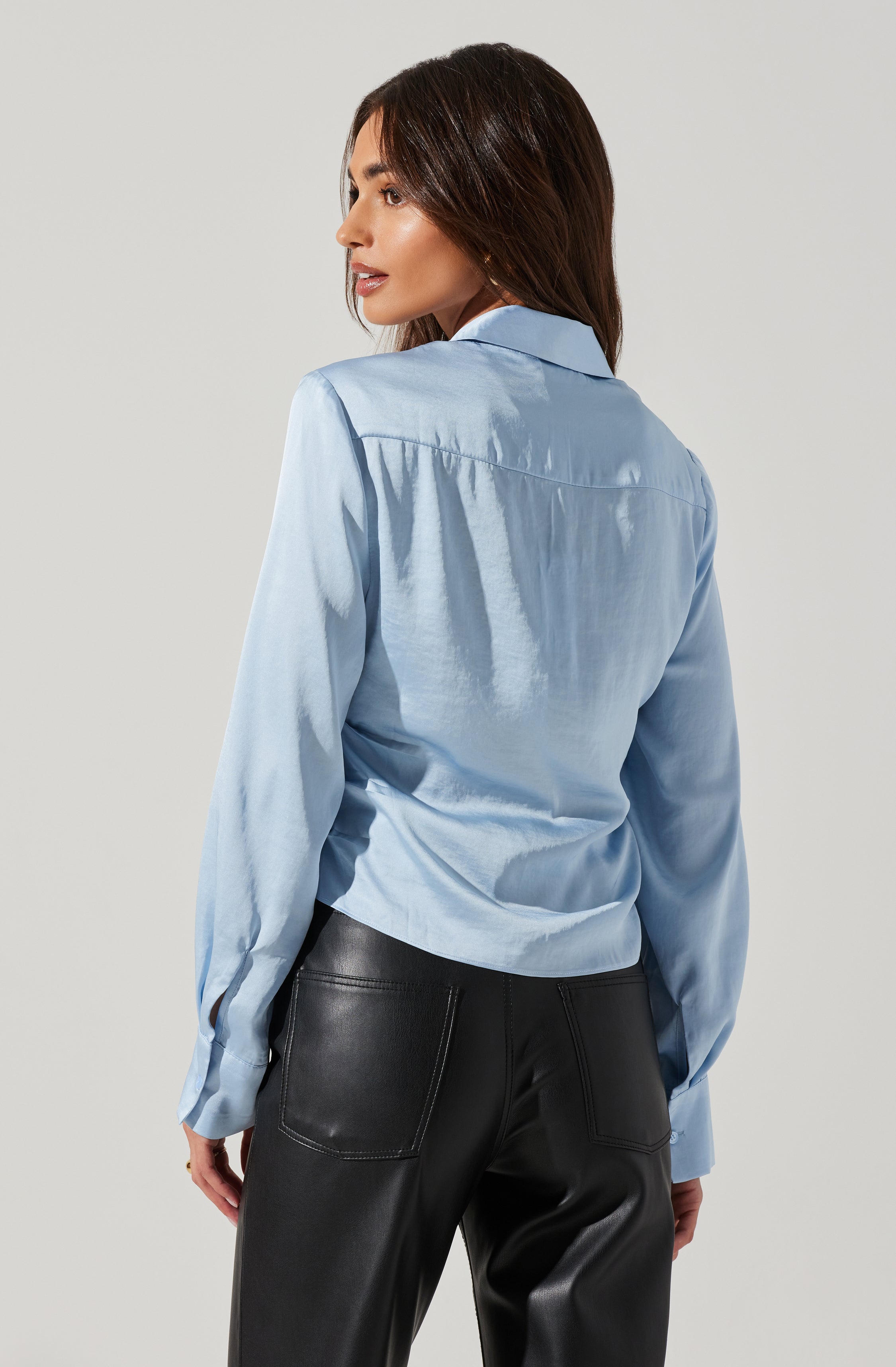 Angelina Satin Collared Ruched Long Sleeve Top-Aljck