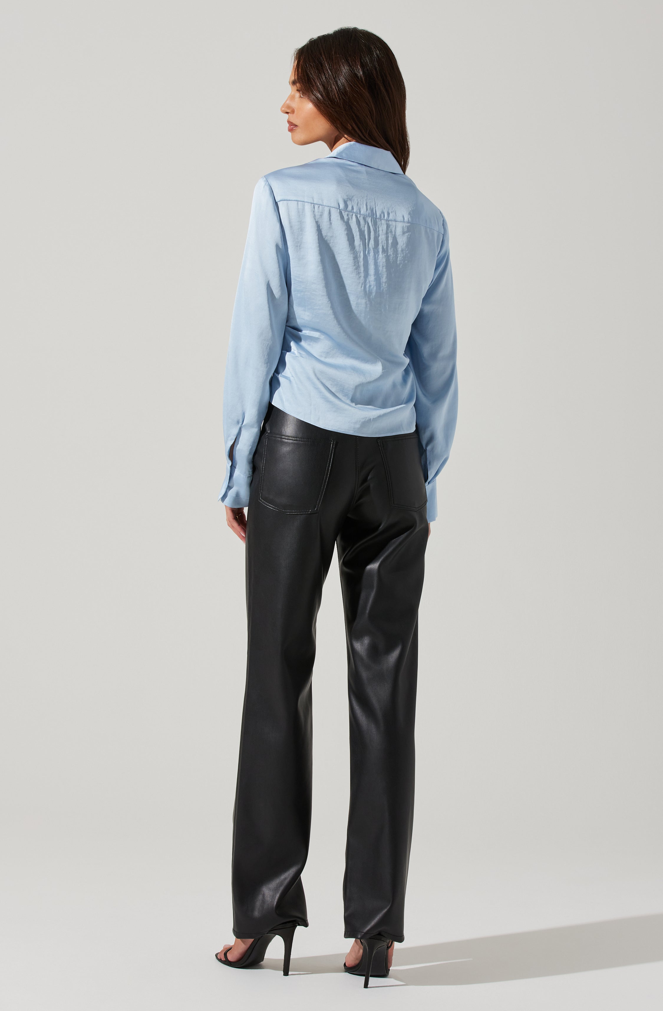 Angelina Satin Collared Ruched Long Sleeve Top-Aljck