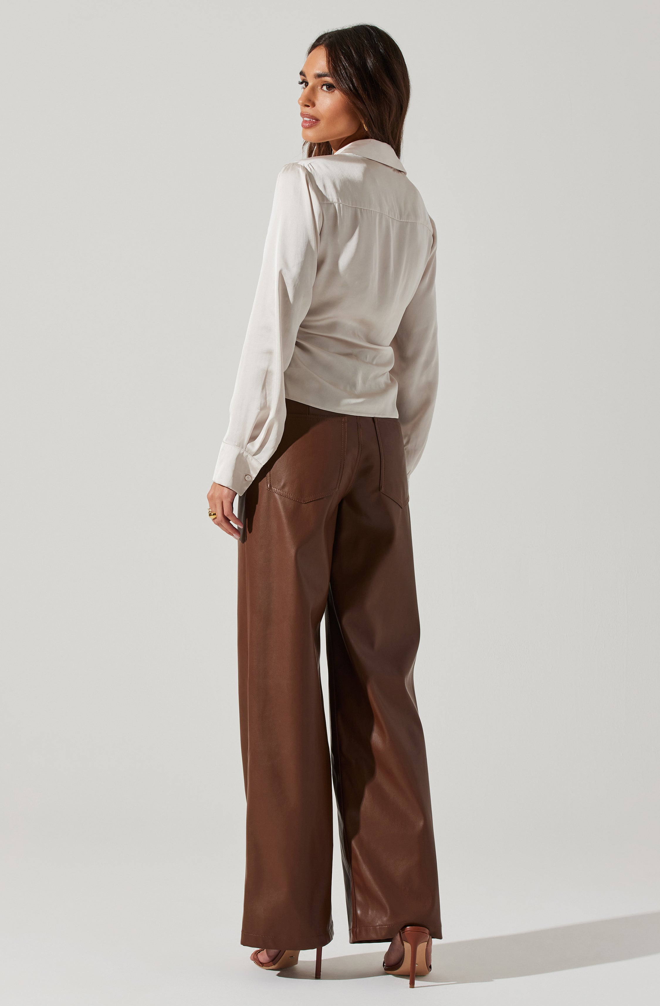 Angelina Satin Collared Ruched Long Sleeve Top-Aljck