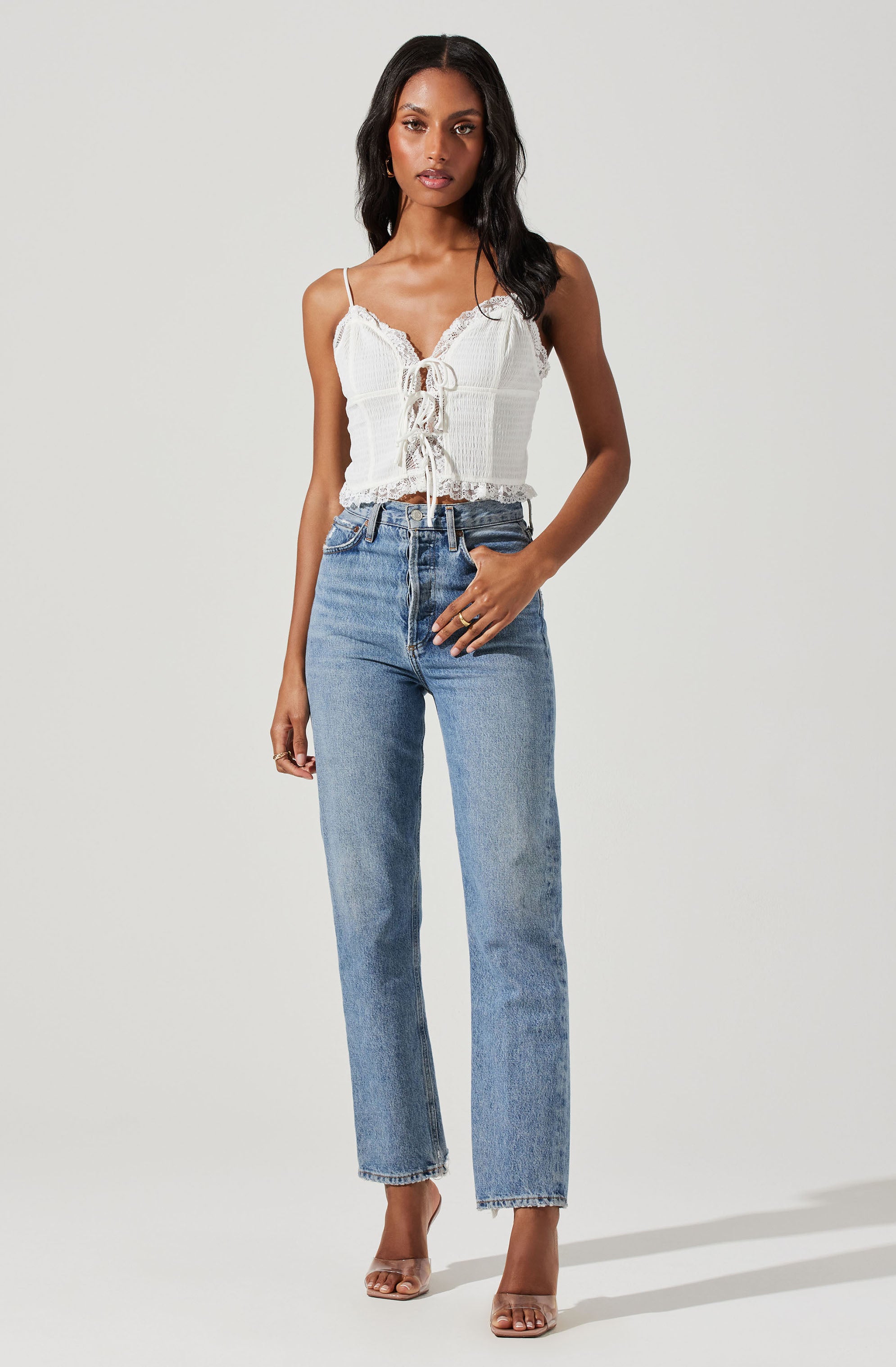 Lace Trim Front Tie Cami-Aljck