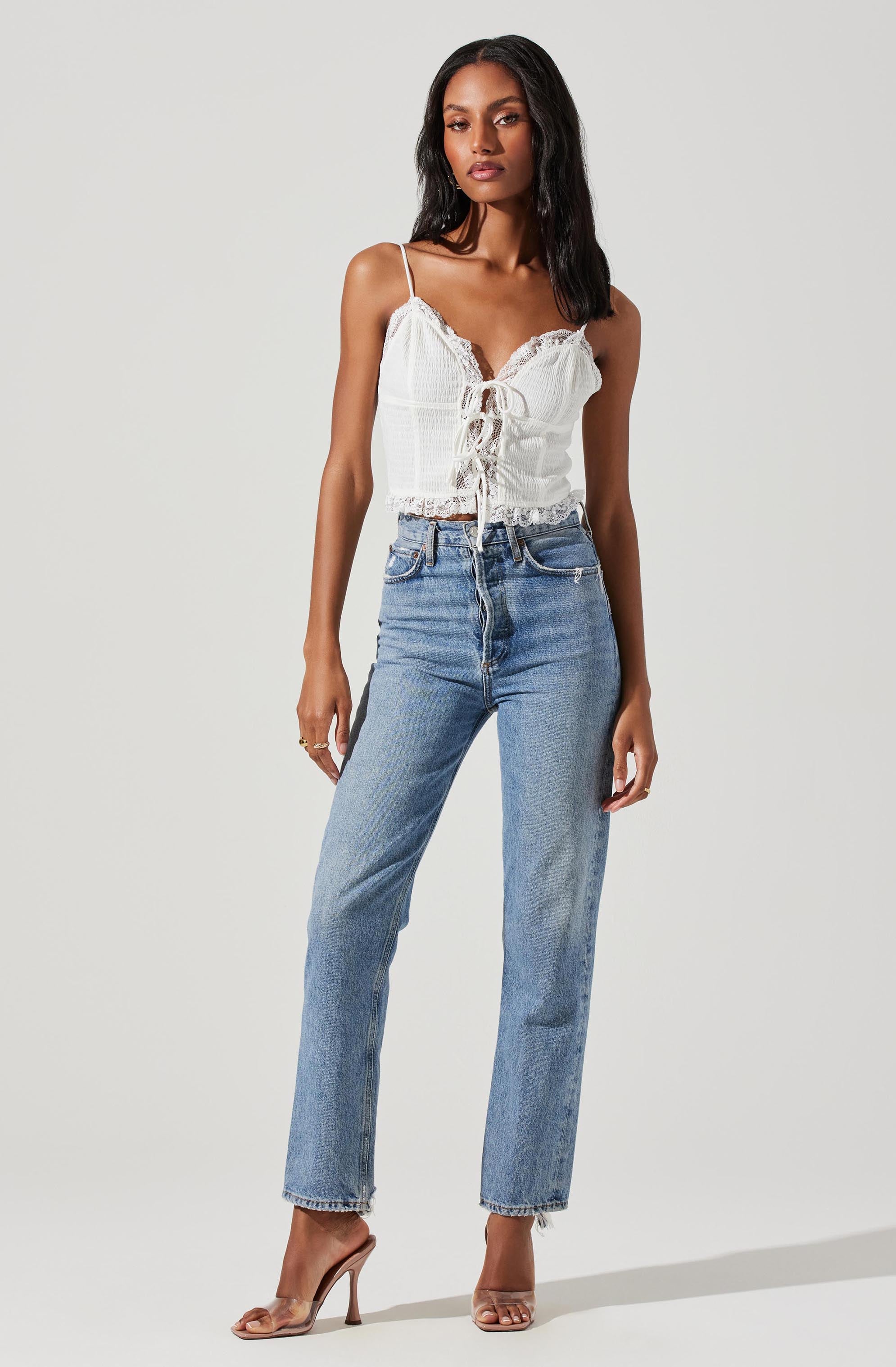 Lace Trim Front Tie Cami-Aljck