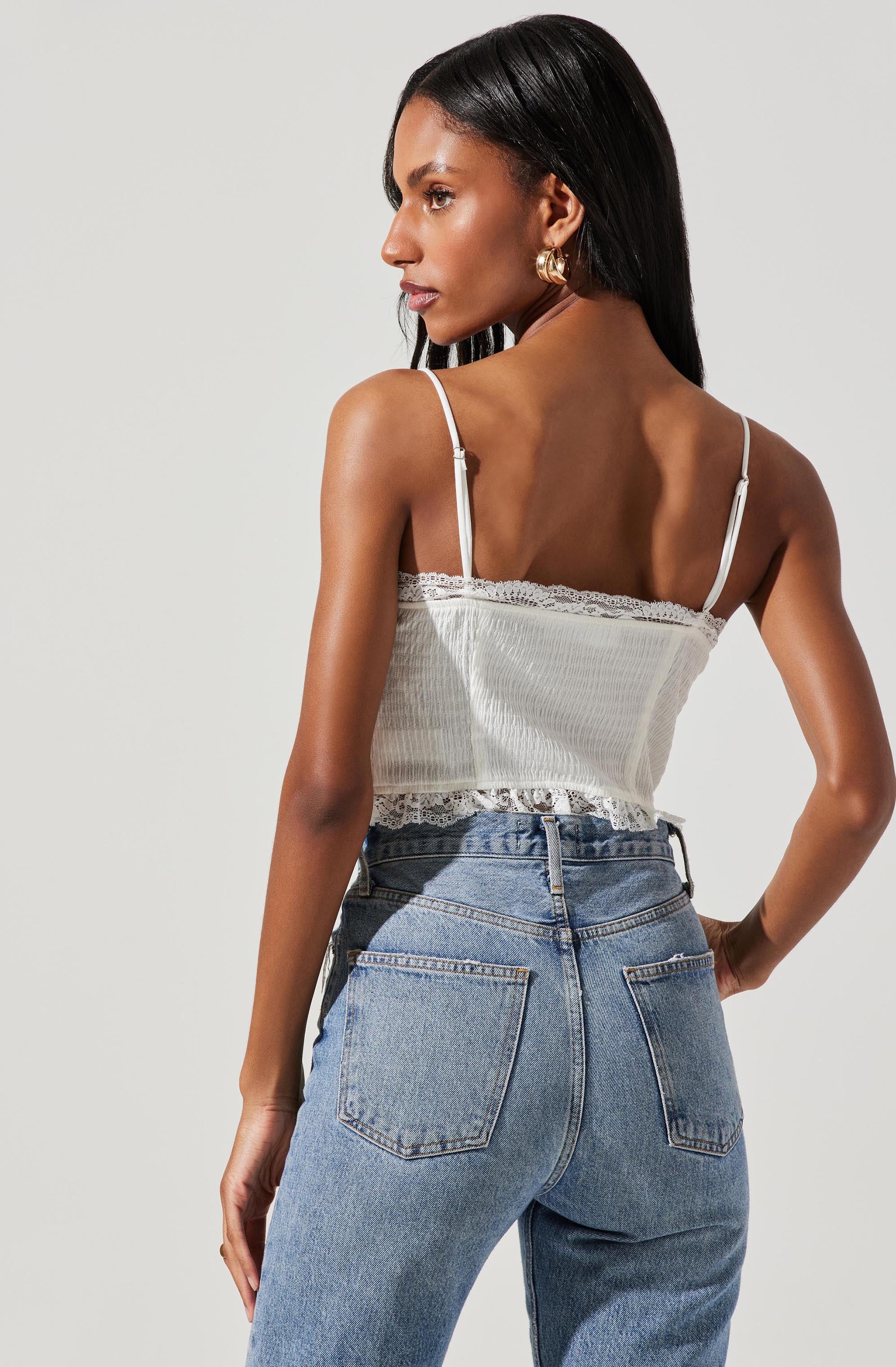 Lace Trim Front Tie Cami-Aljck