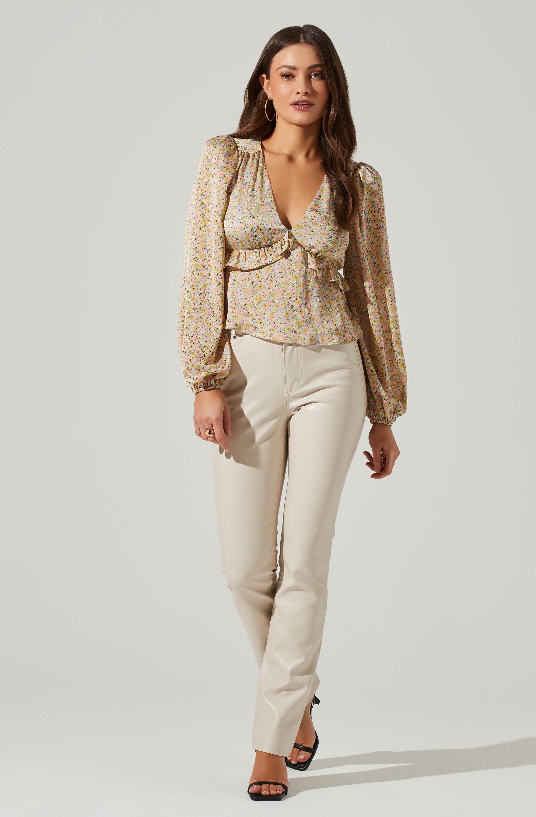 Floral Long Sleeve Tie Back Ruffle Bust Top-Aljck