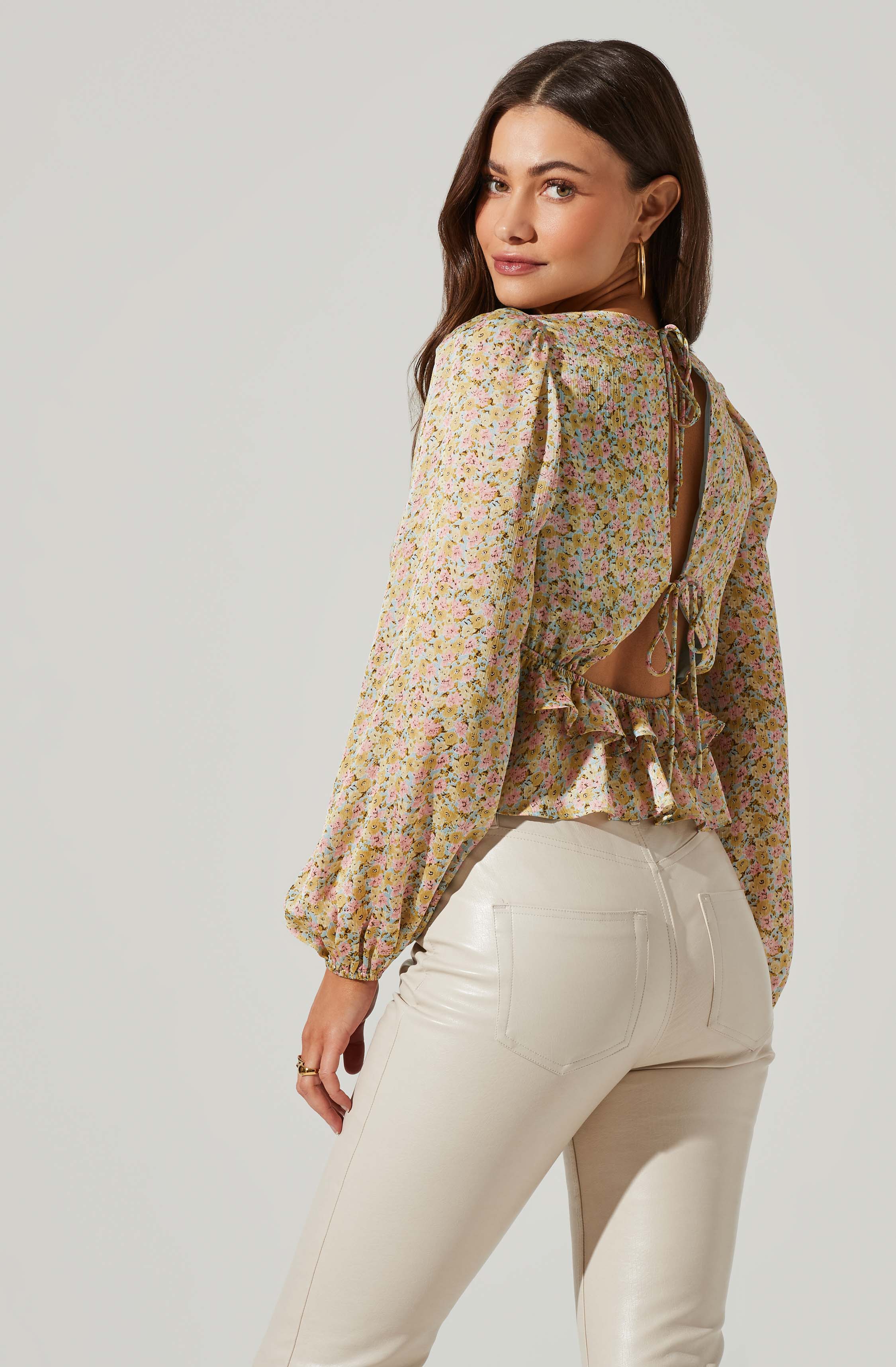 Floral Long Sleeve Tie Back Ruffle Bust Top-Aljck
