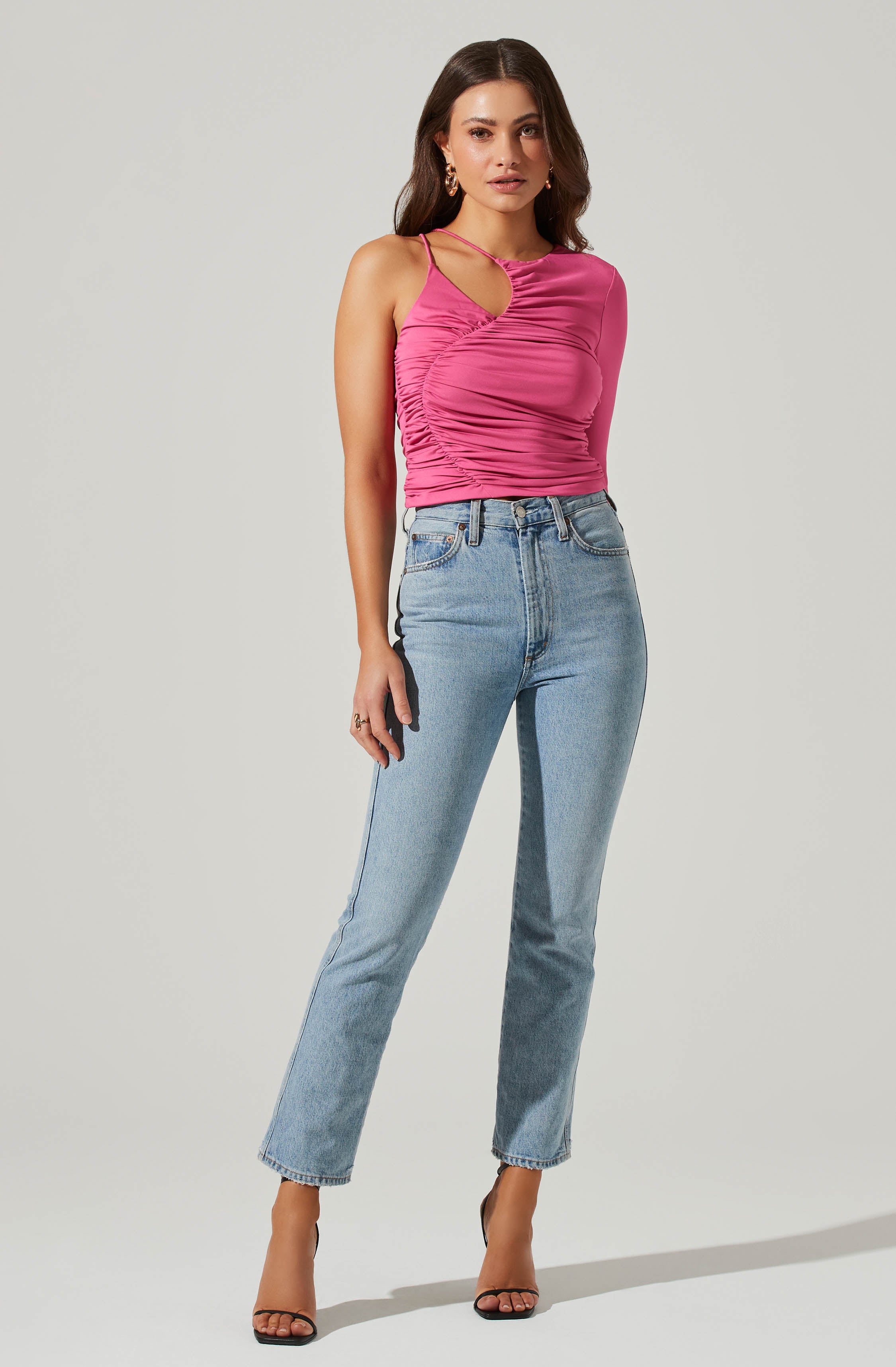 Asymmetrical Ruched One Sleeve Top-Aljck