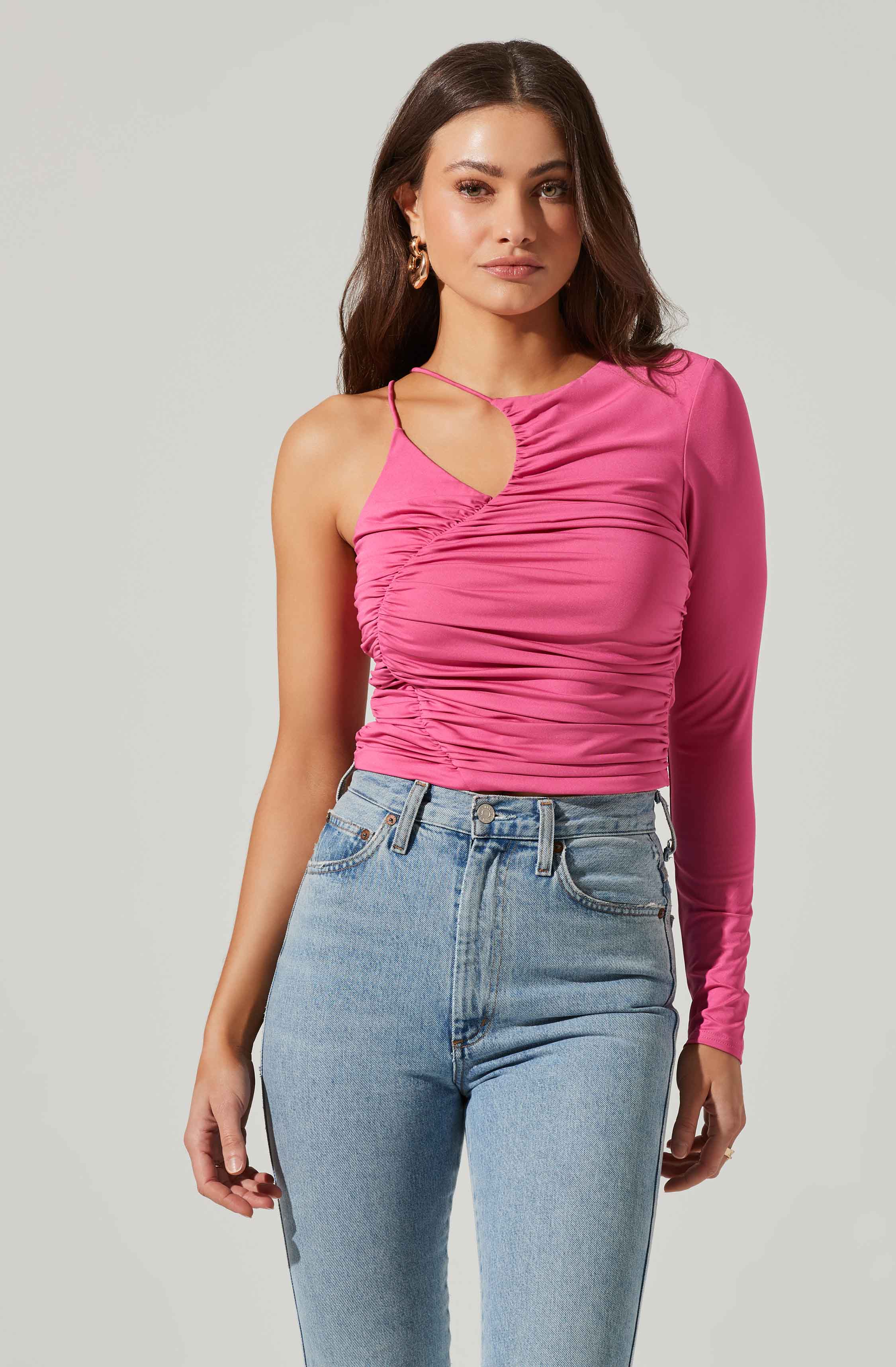 Asymmetrical Ruched One Sleeve Top-Aljck