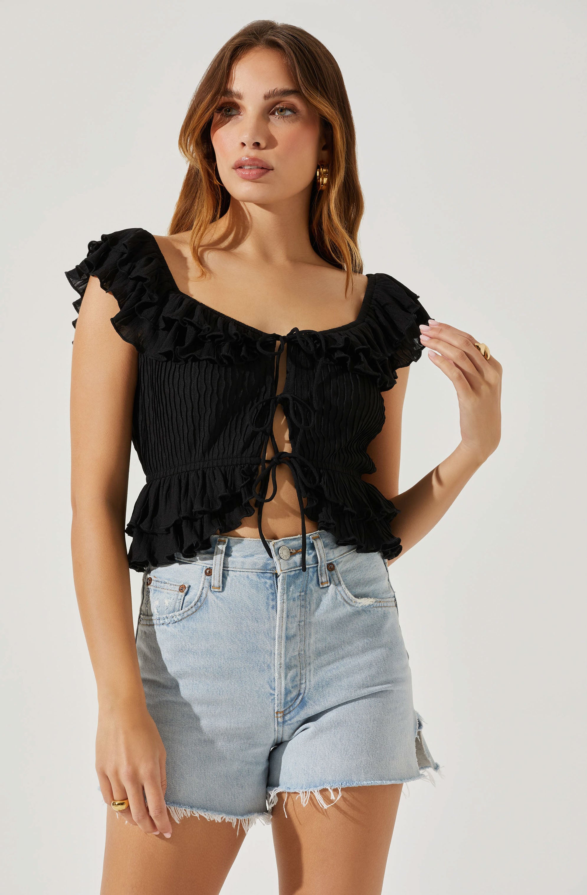 Tiered Ruffle Sleeve Tie Front Top-Aljck