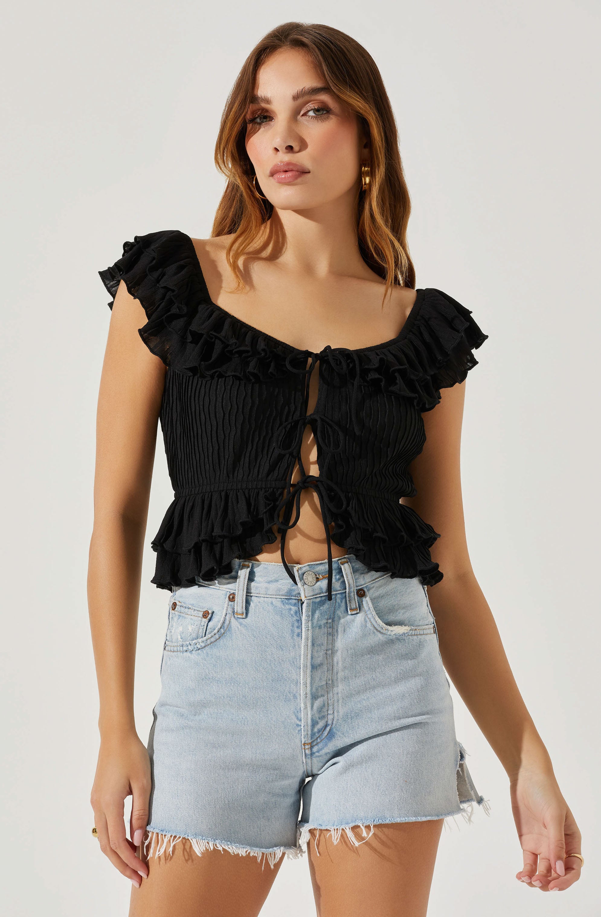 Tiered Ruffle Sleeve Tie Front Top-Aljck