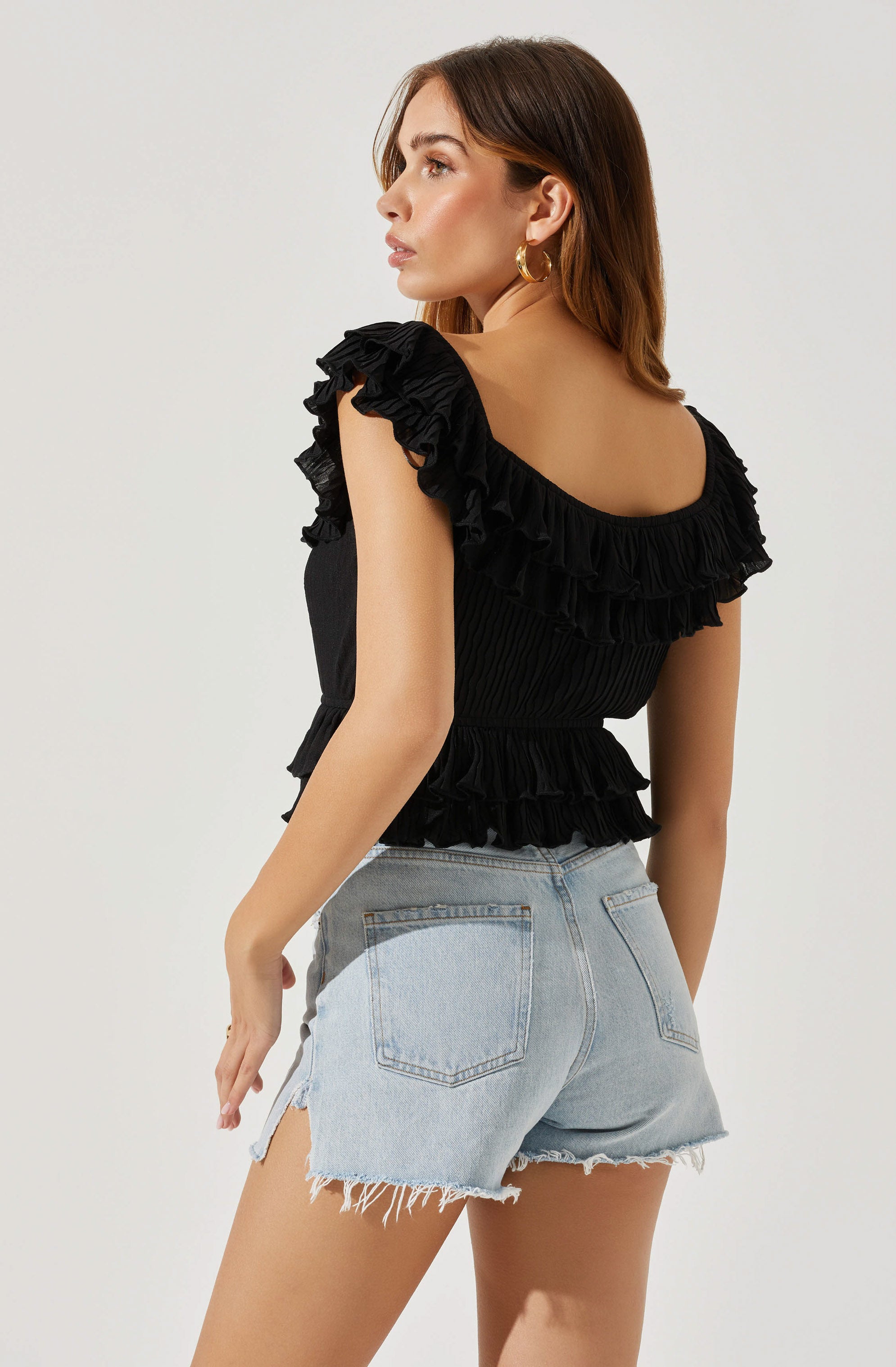 Tiered Ruffle Sleeve Tie Front Top-Aljck