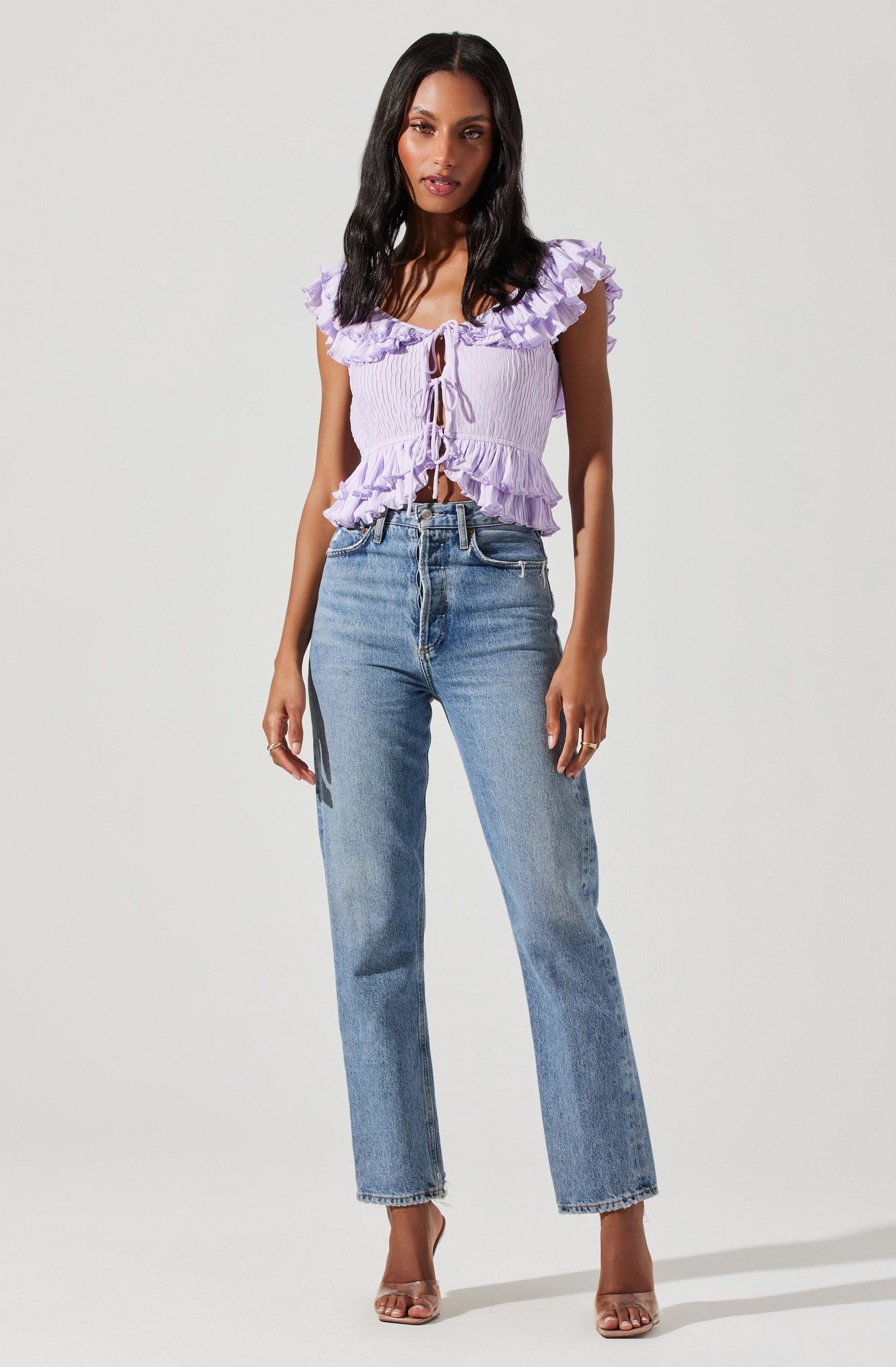 Tiered Ruffle Sleeve Tie Front Top-Aljck