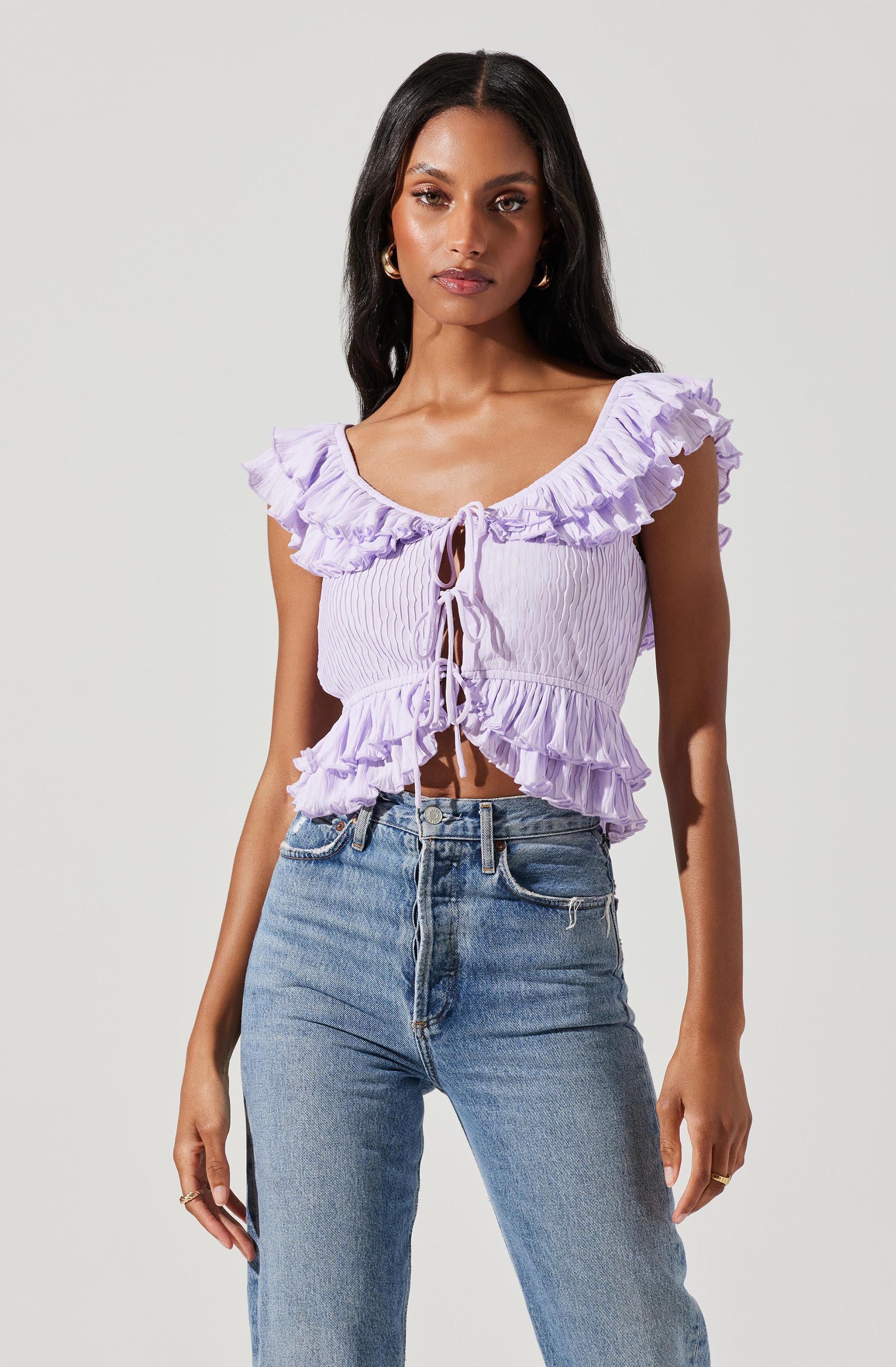 Tiered Ruffle Sleeve Tie Front Top-Aljck