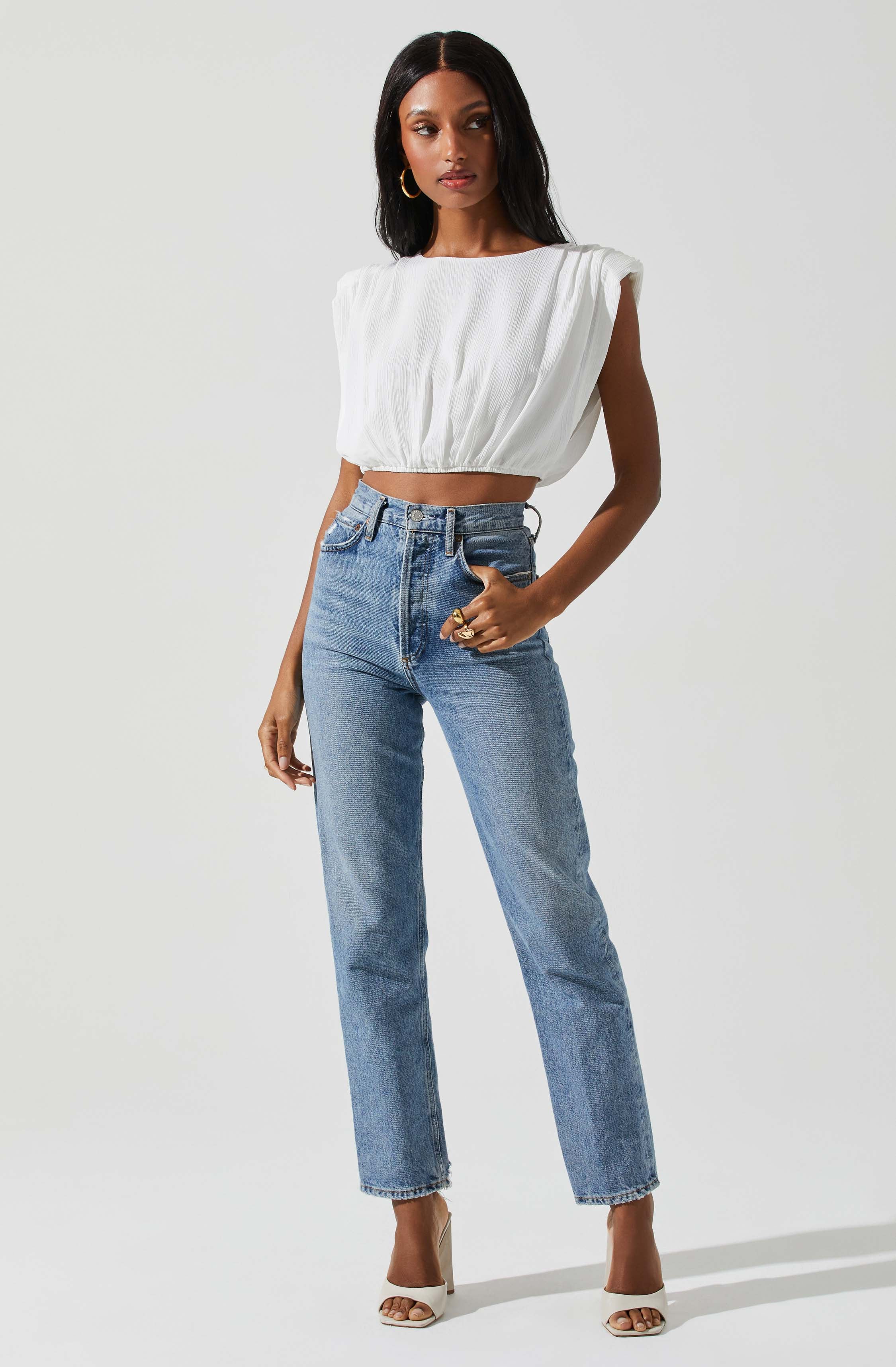 Cropped Plisse Balloon Hem Top-Aljck