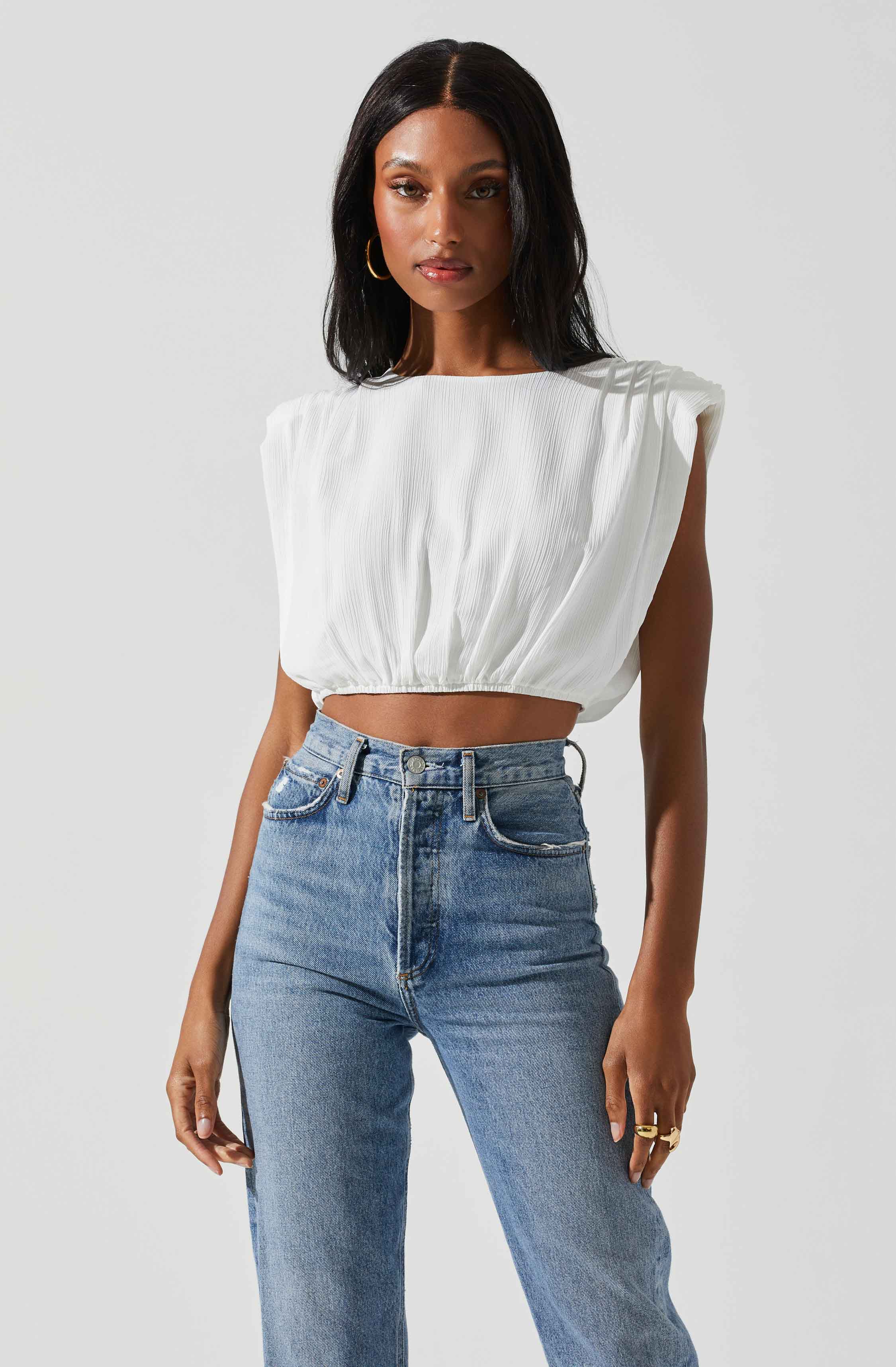 Cropped Plisse Balloon Hem Top-Aljck