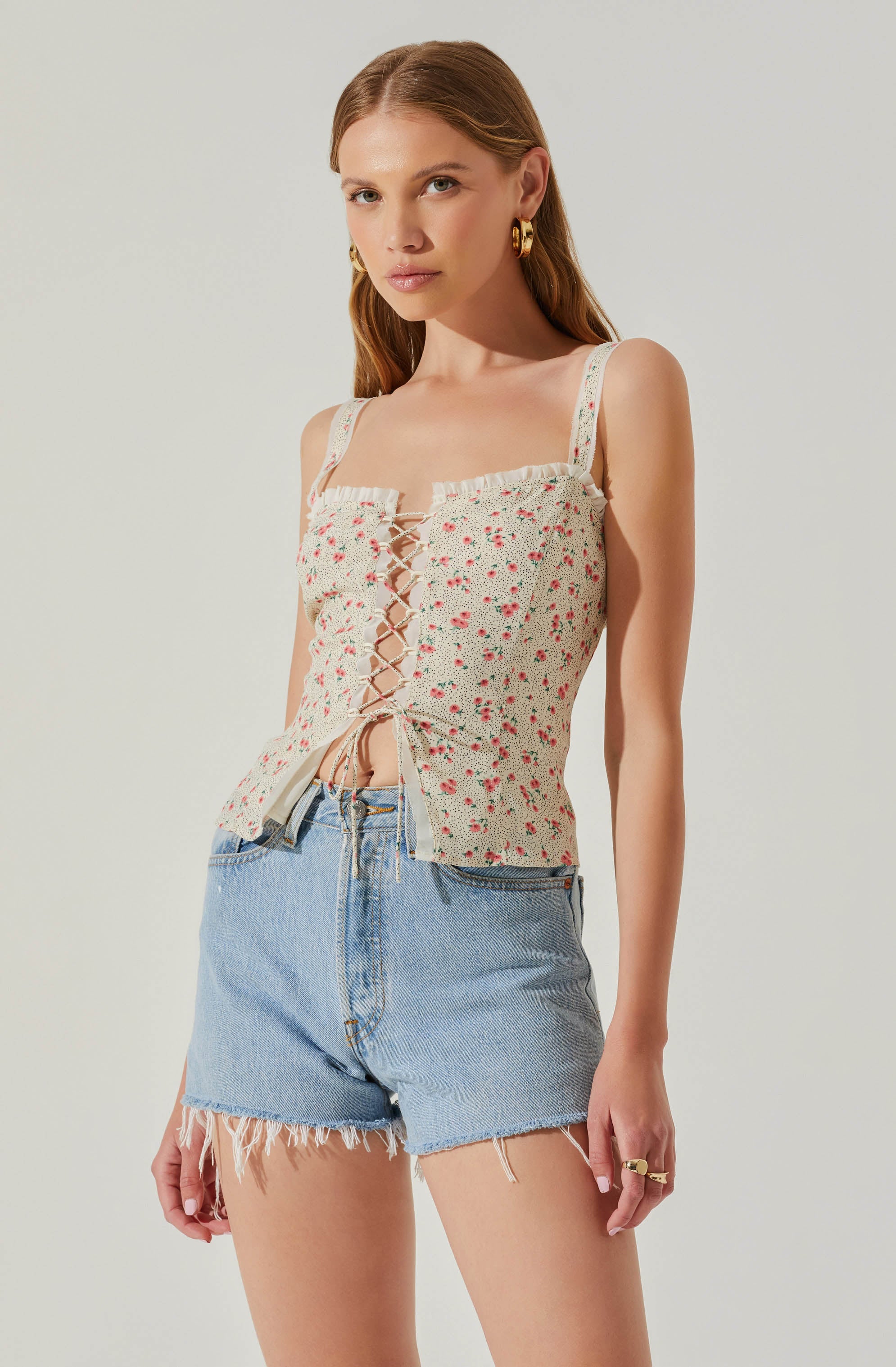 Lace Up Floral Cami Top-Aljck