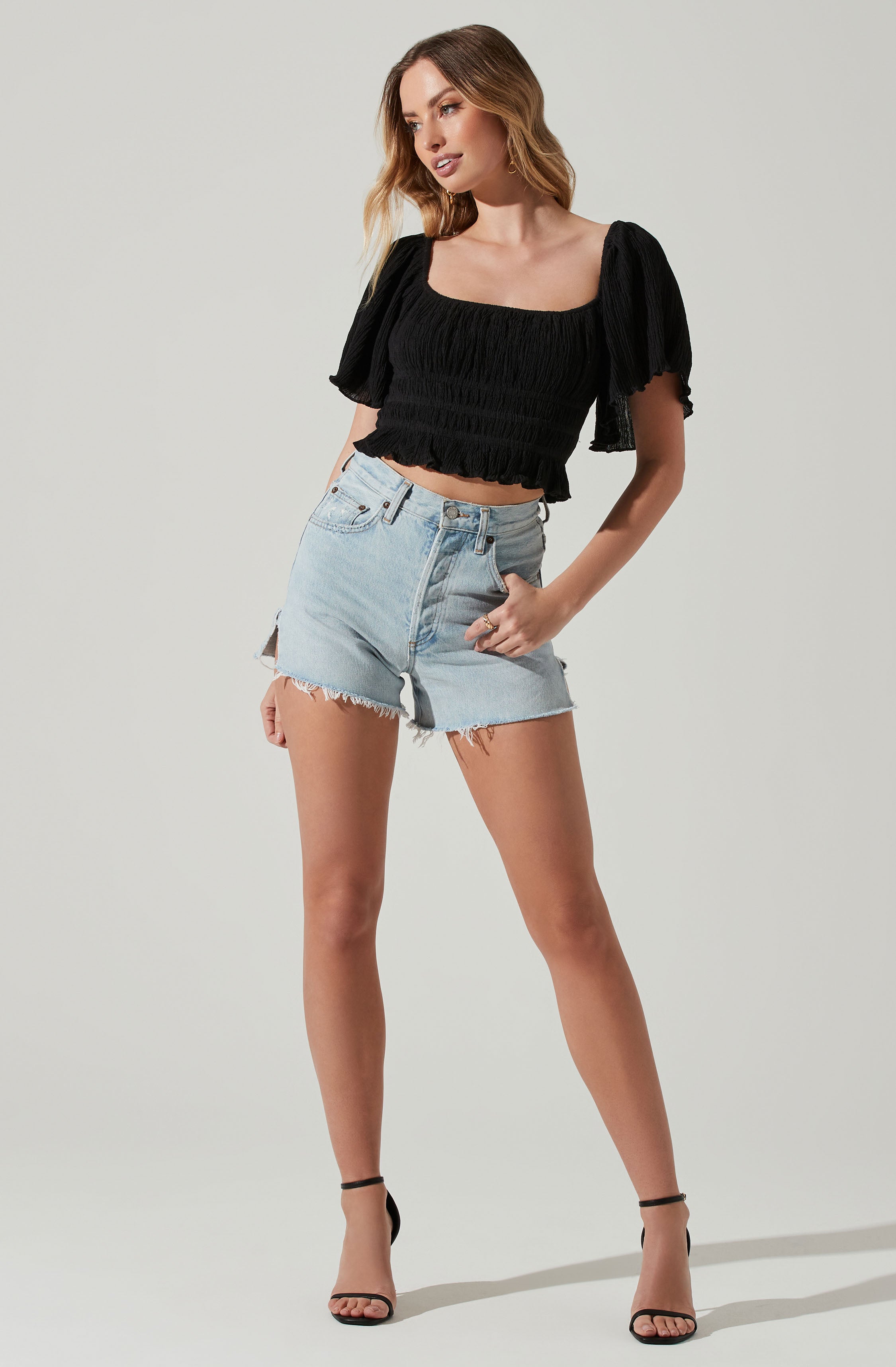 Flutter Sleeve Lace Back Top-Aljck