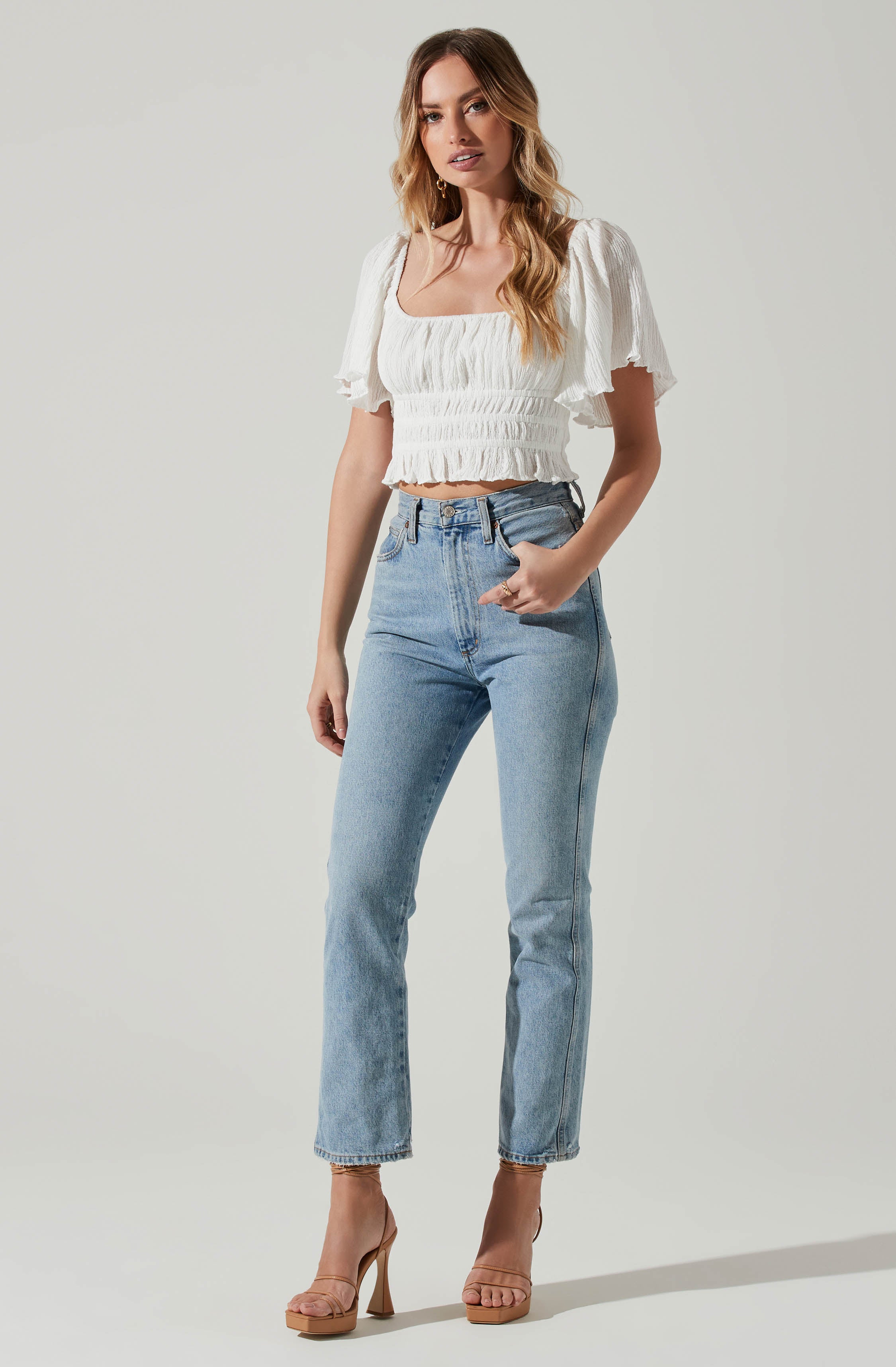 Flutter Sleeve Lace Back Top-Aljck