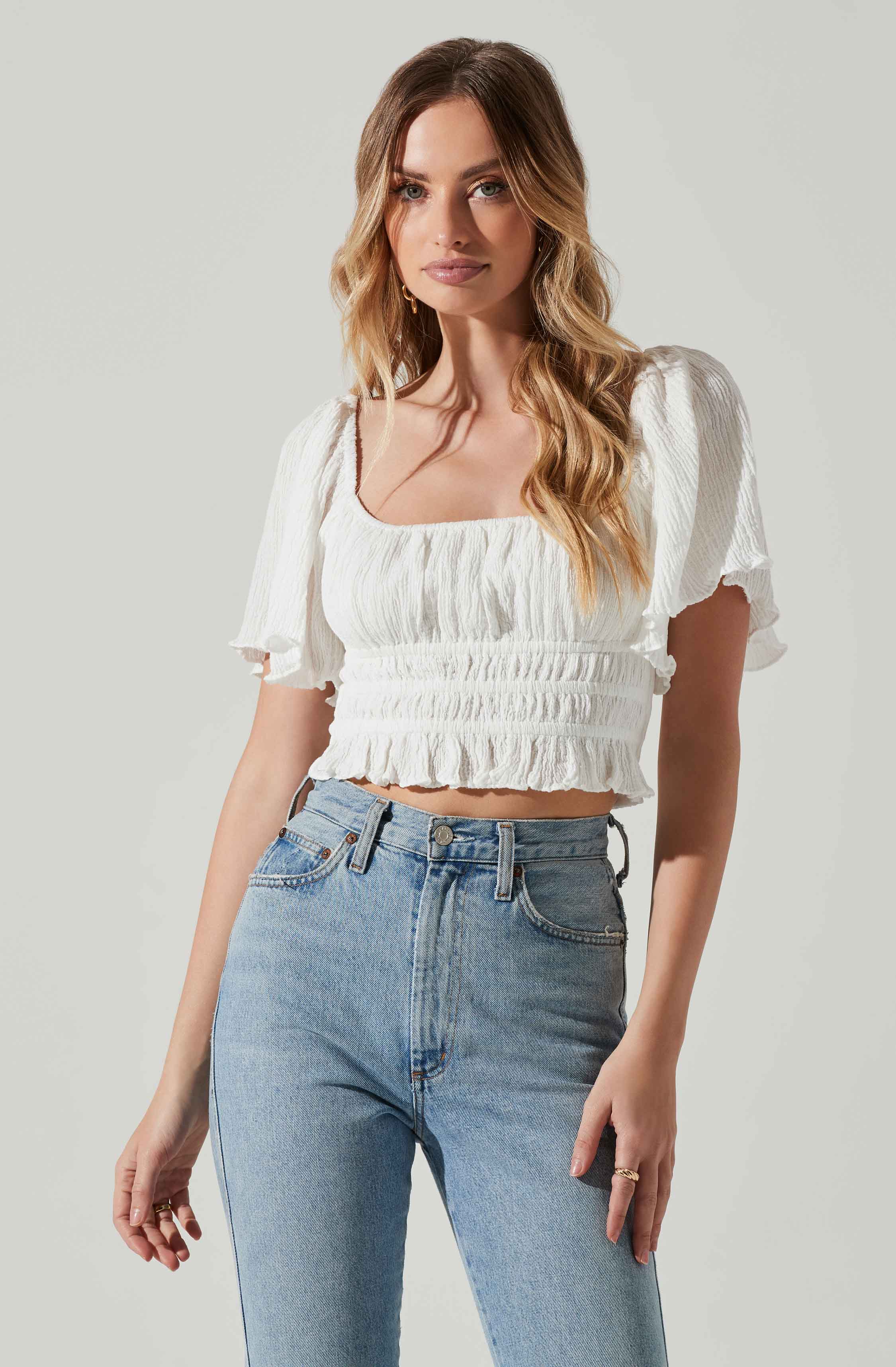 Flutter Sleeve Lace Back Top-Aljck