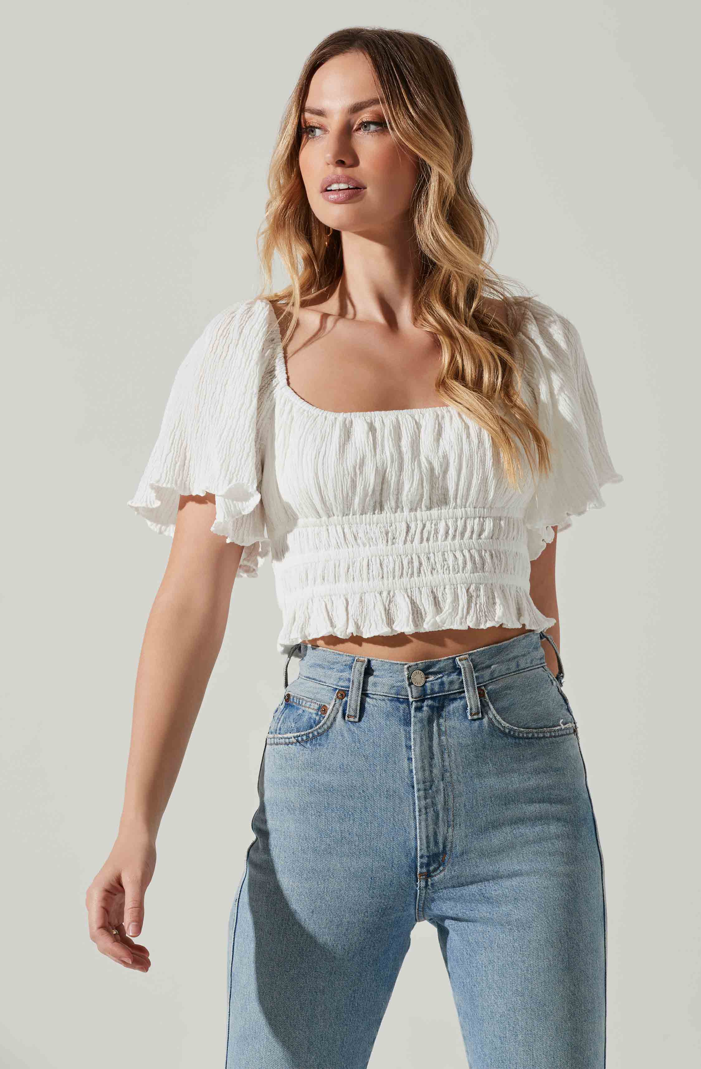 Flutter Sleeve Lace Back Top-Aljck
