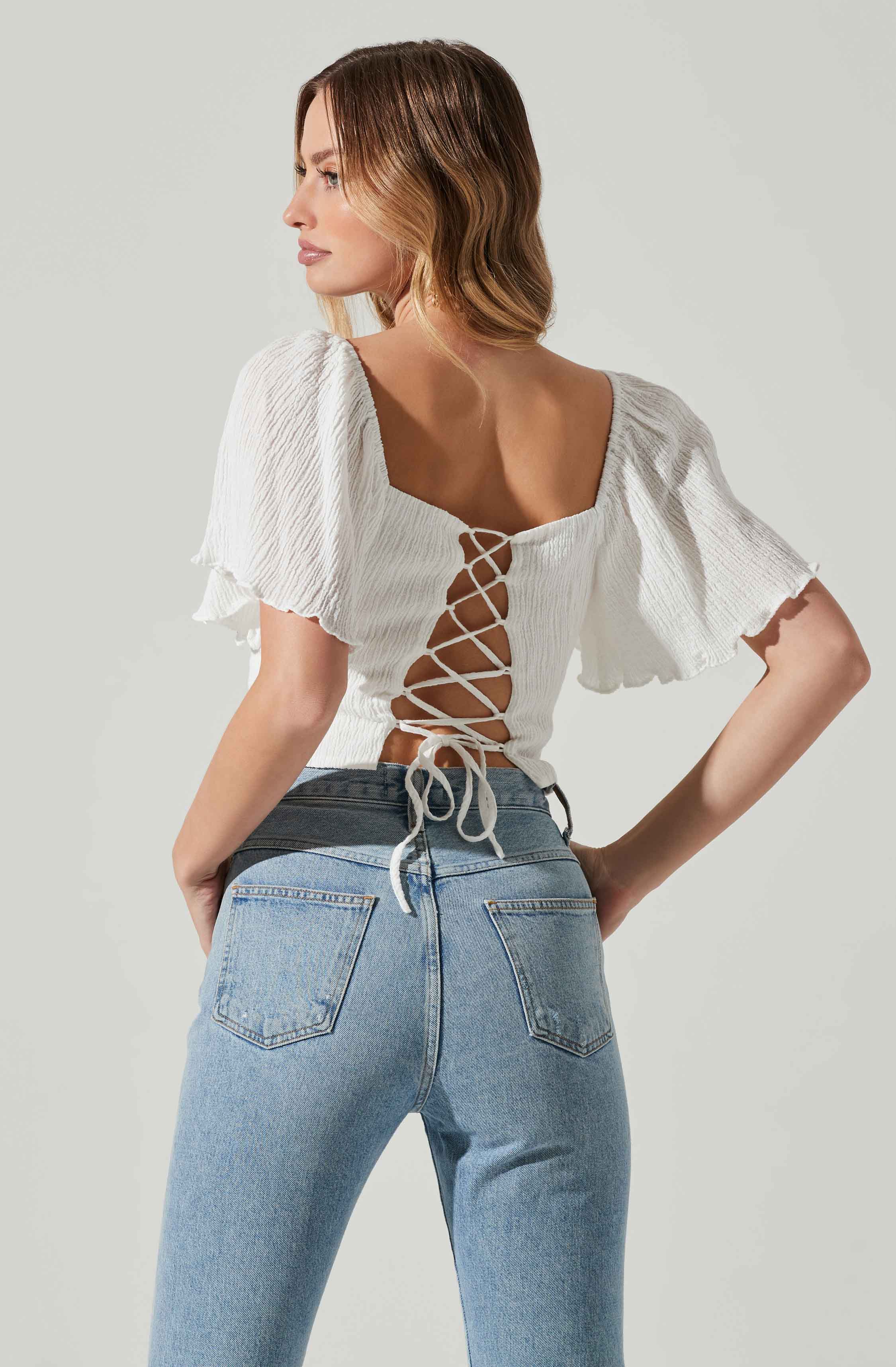 Flutter Sleeve Lace Back Top-Aljck