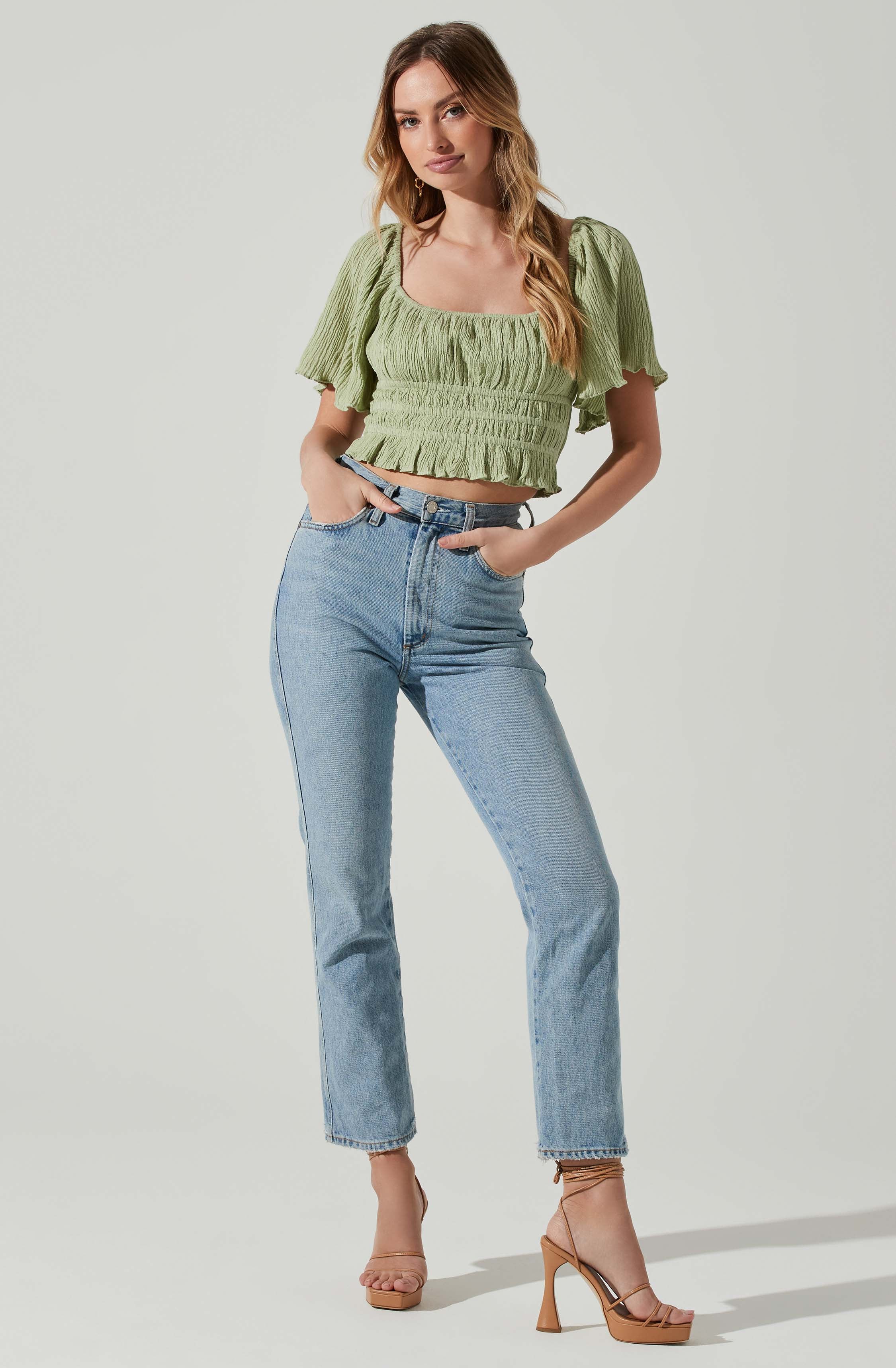 Flutter Sleeve Lace Back Top-Aljck