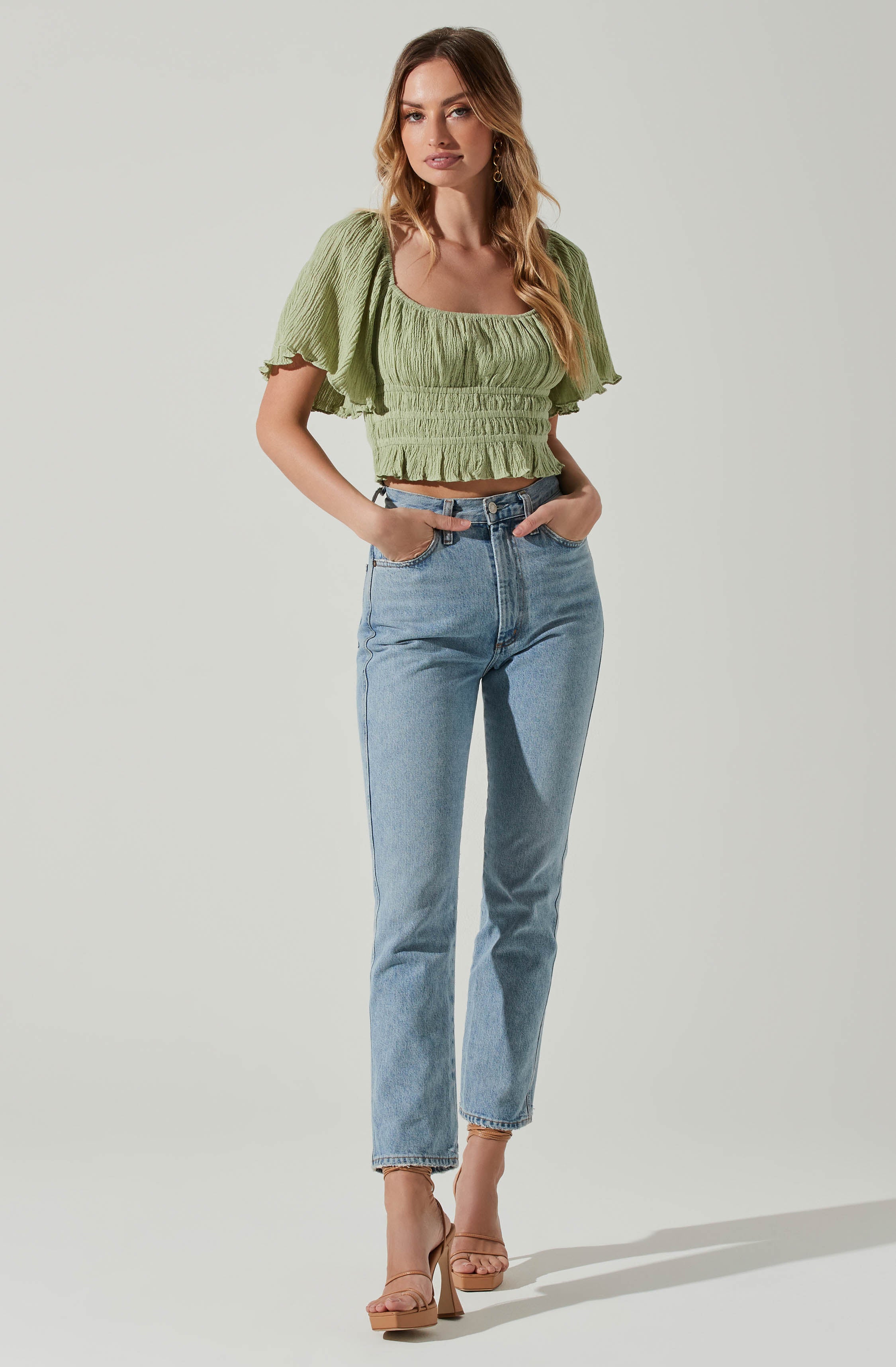 Flutter Sleeve Lace Back Top-Aljck