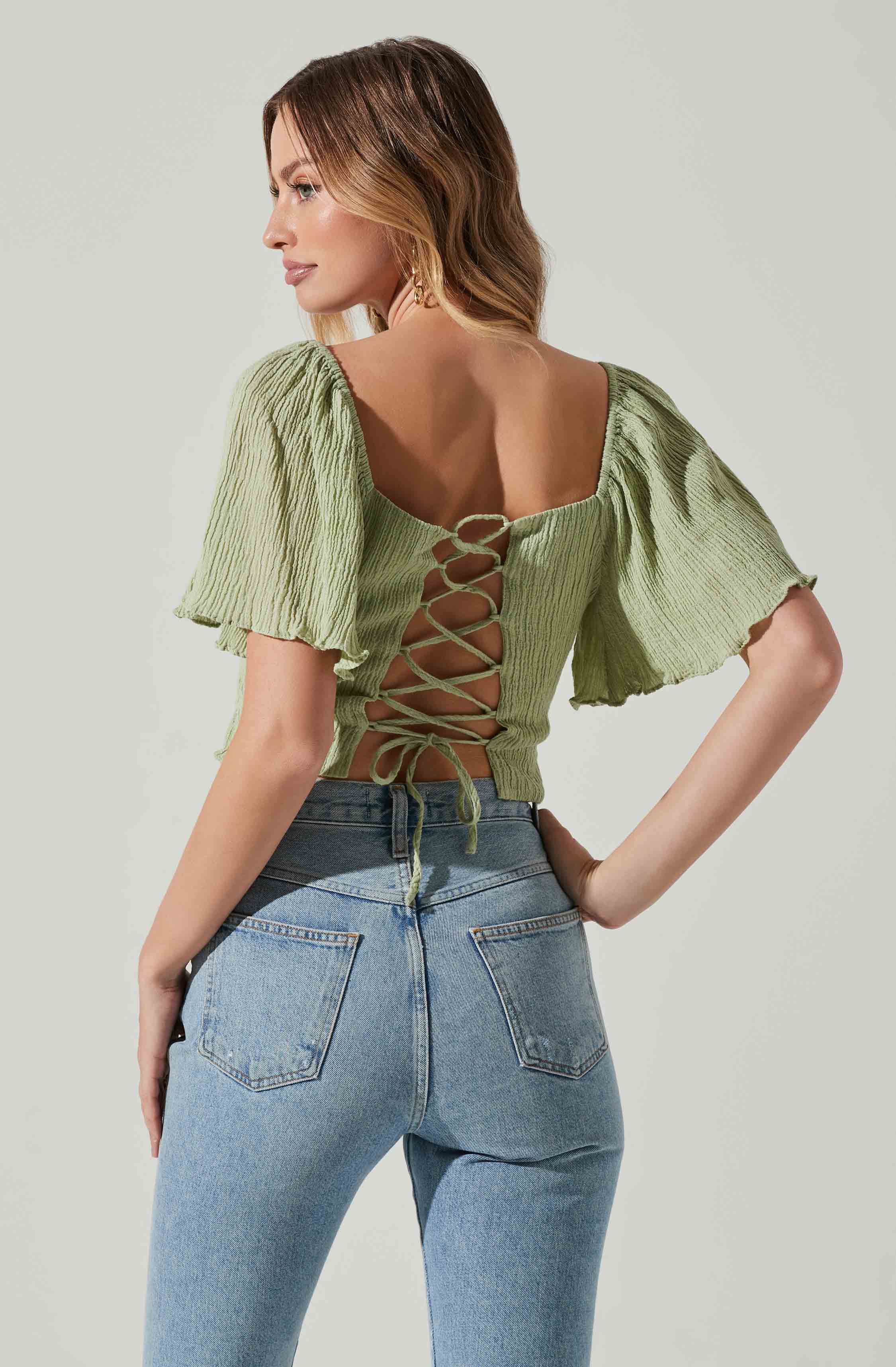 Flutter Sleeve Lace Back Top-Aljck