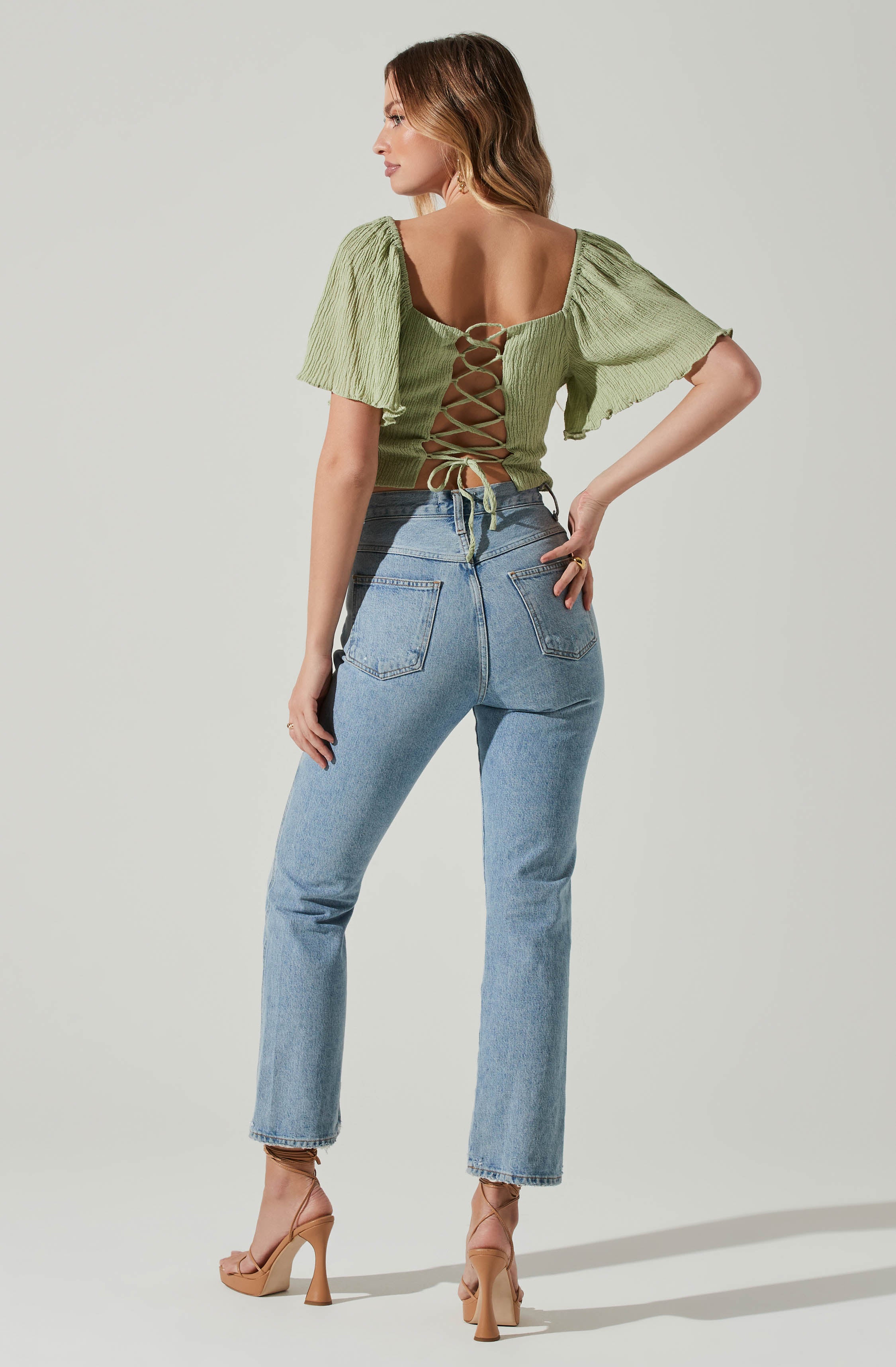 Flutter Sleeve Lace Back Top-Aljck