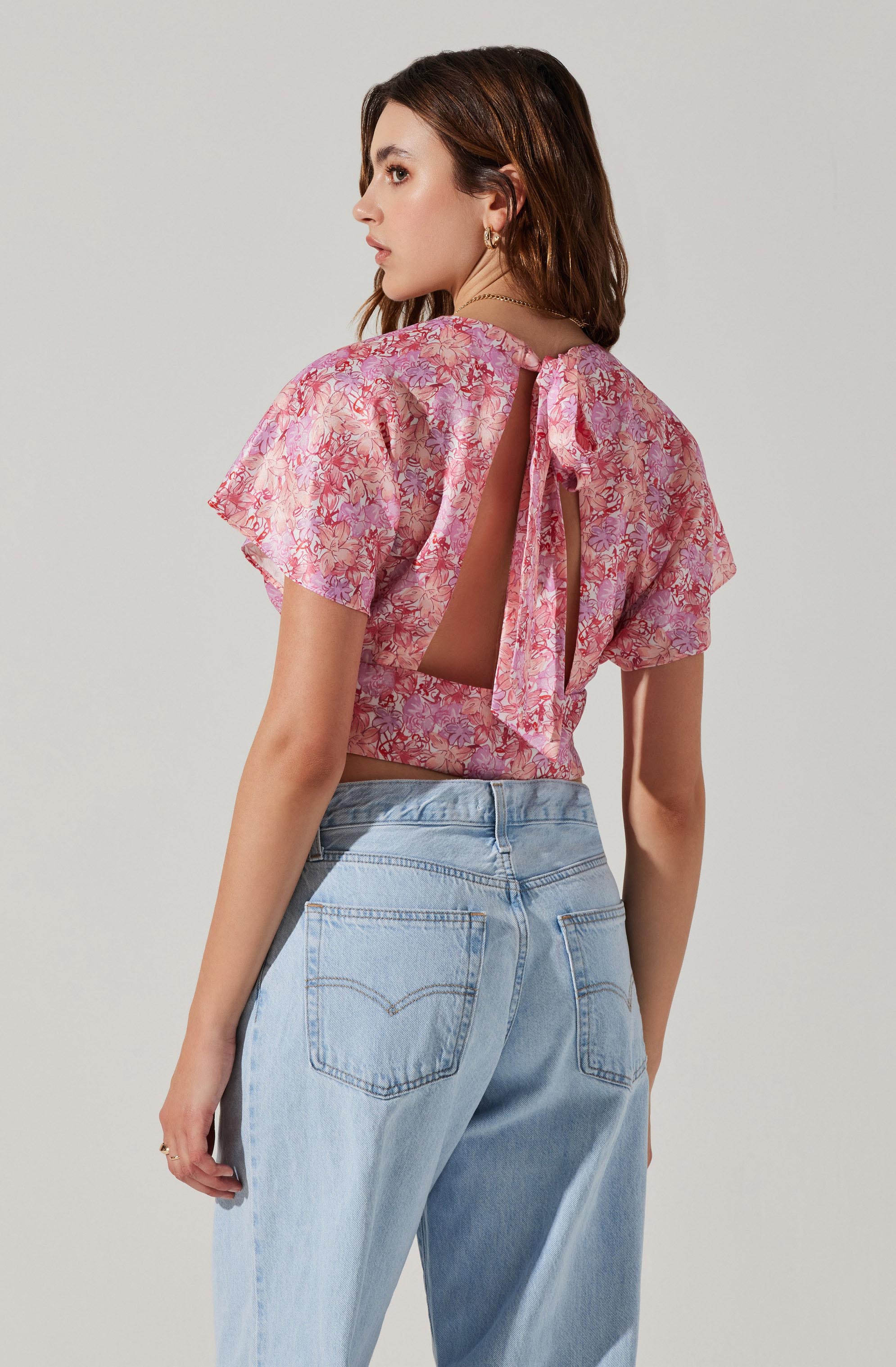 Satin Tie Back Flutter Sleeve Top-Aljck