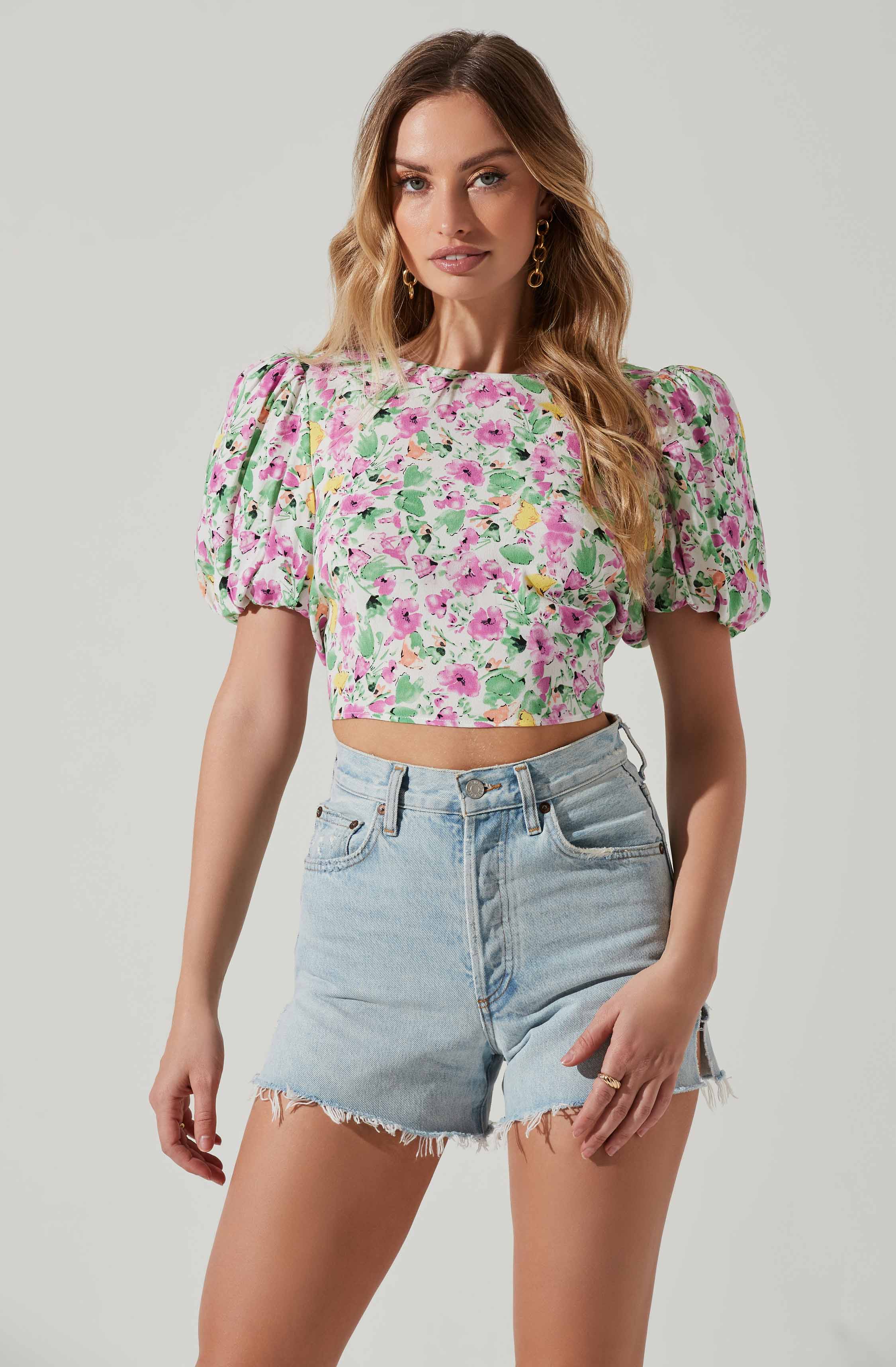 Floral Bubble Sleeve Tie Back Top-Aljck