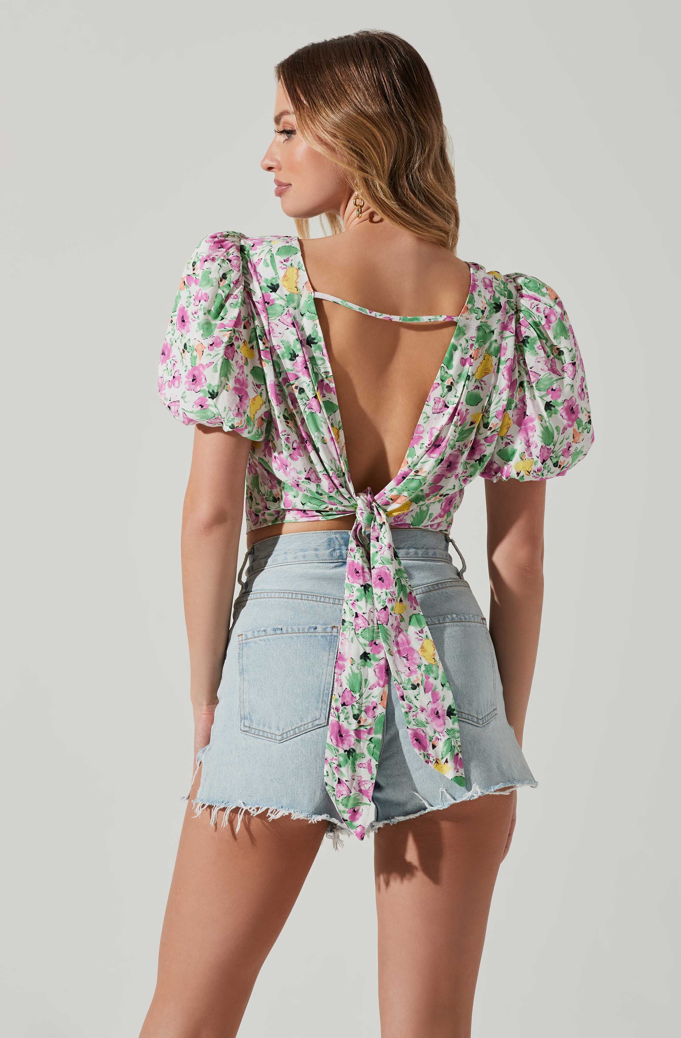 Floral Bubble Sleeve Tie Back Top-Aljck