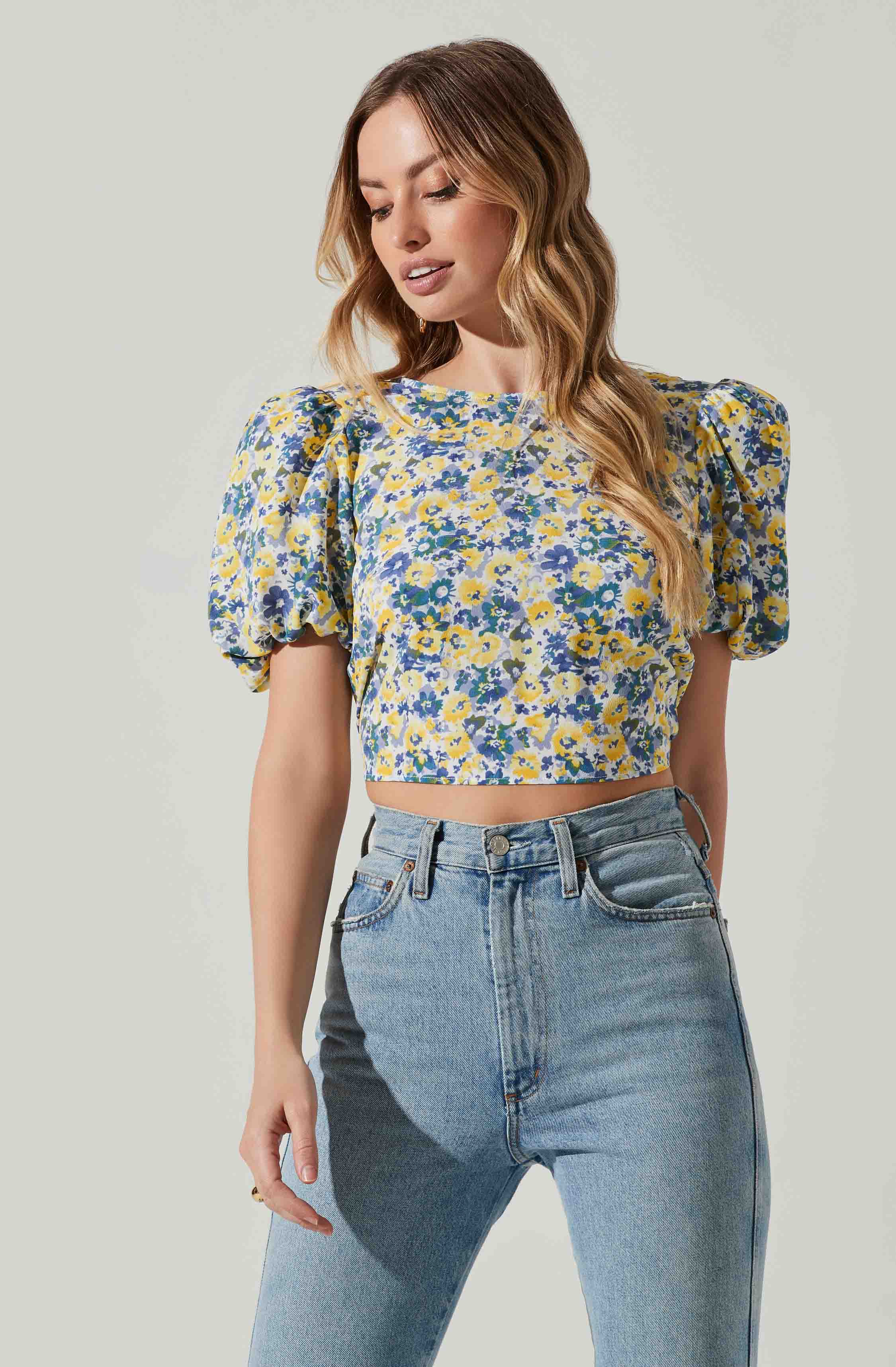 Floral Bubble Sleeve Tie Back Top-Aljck