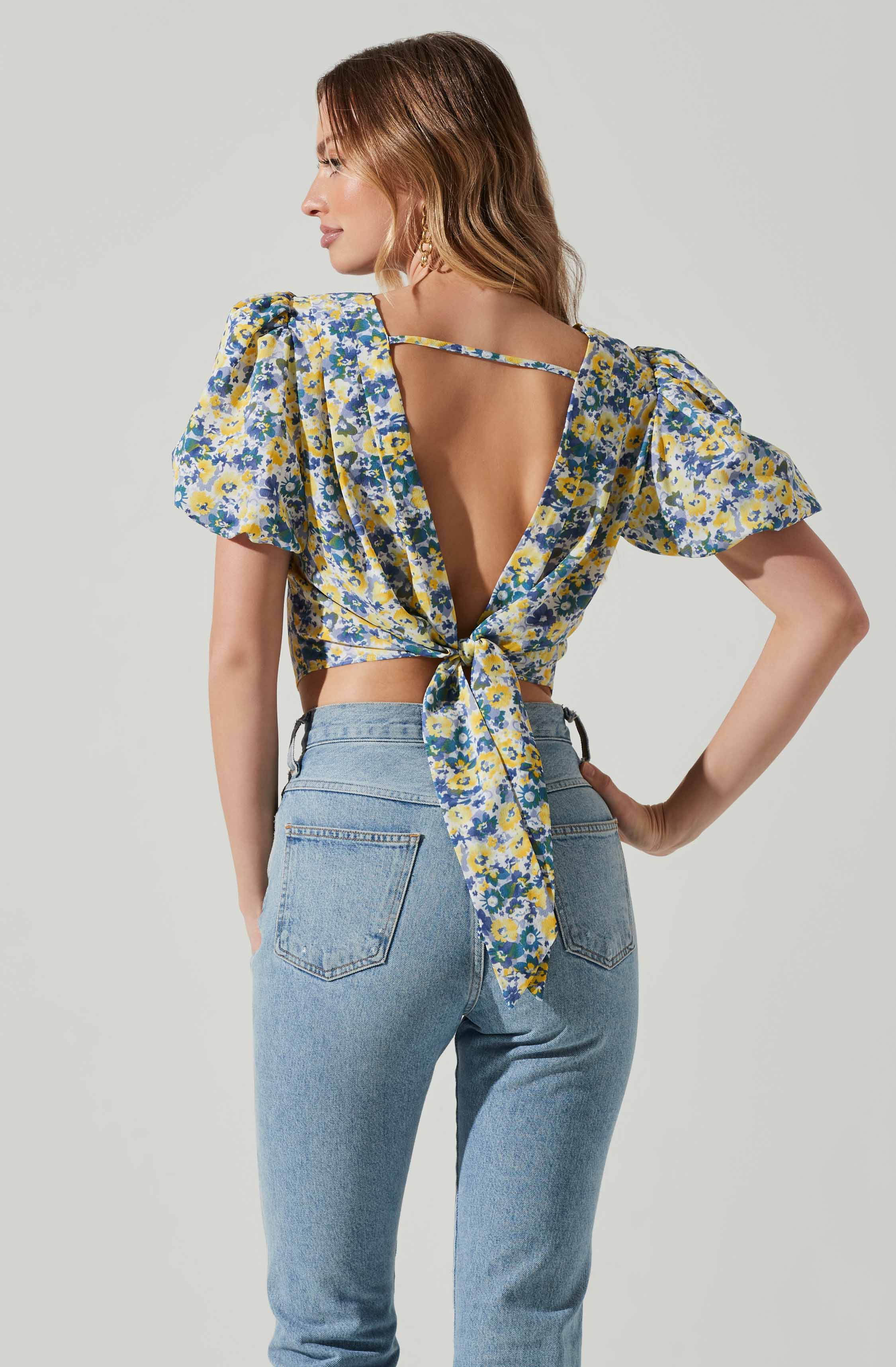 Floral Bubble Sleeve Tie Back Top-Aljck