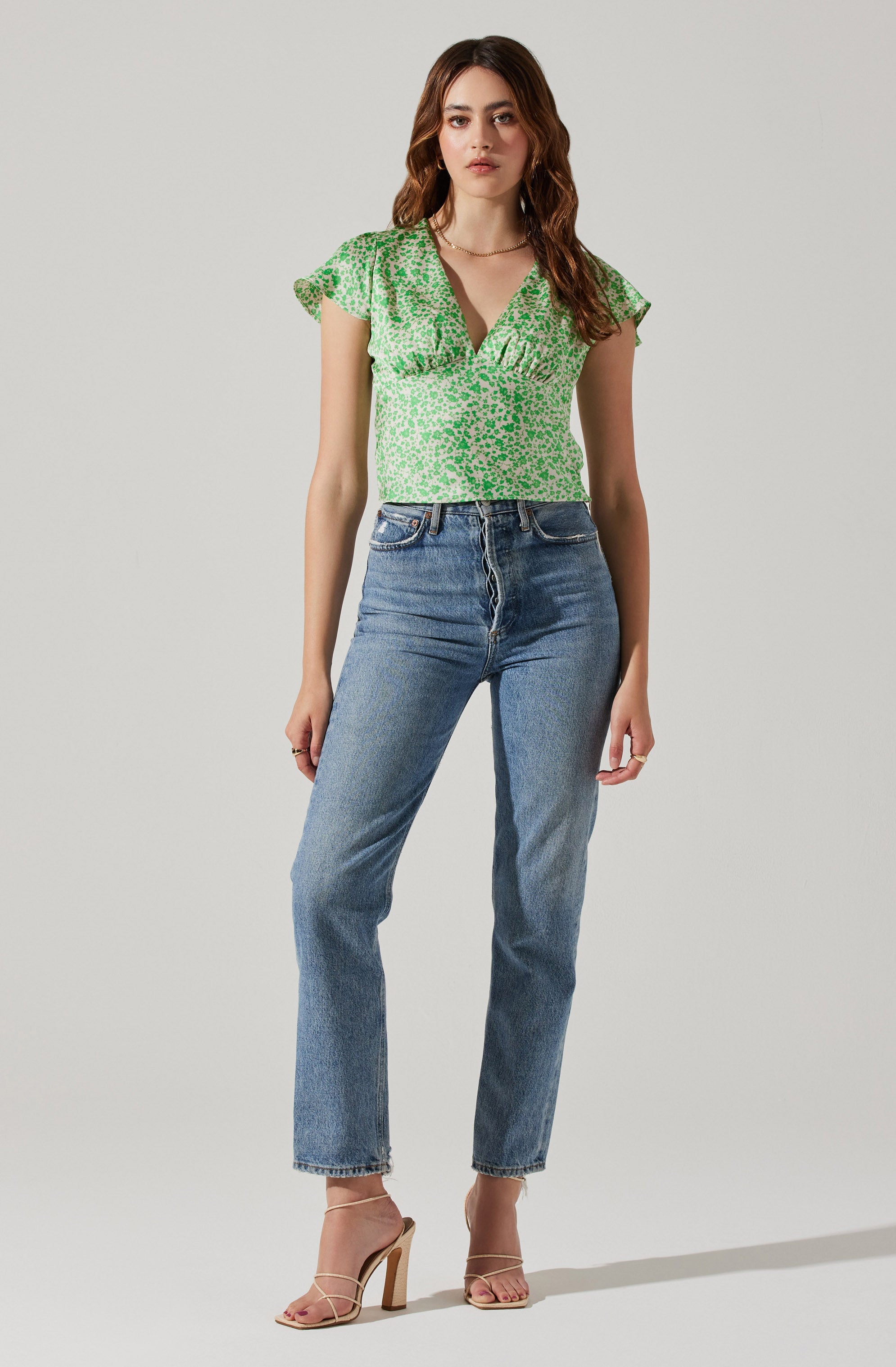 Satin V Neck Flutter Sleeve Top-Aljck