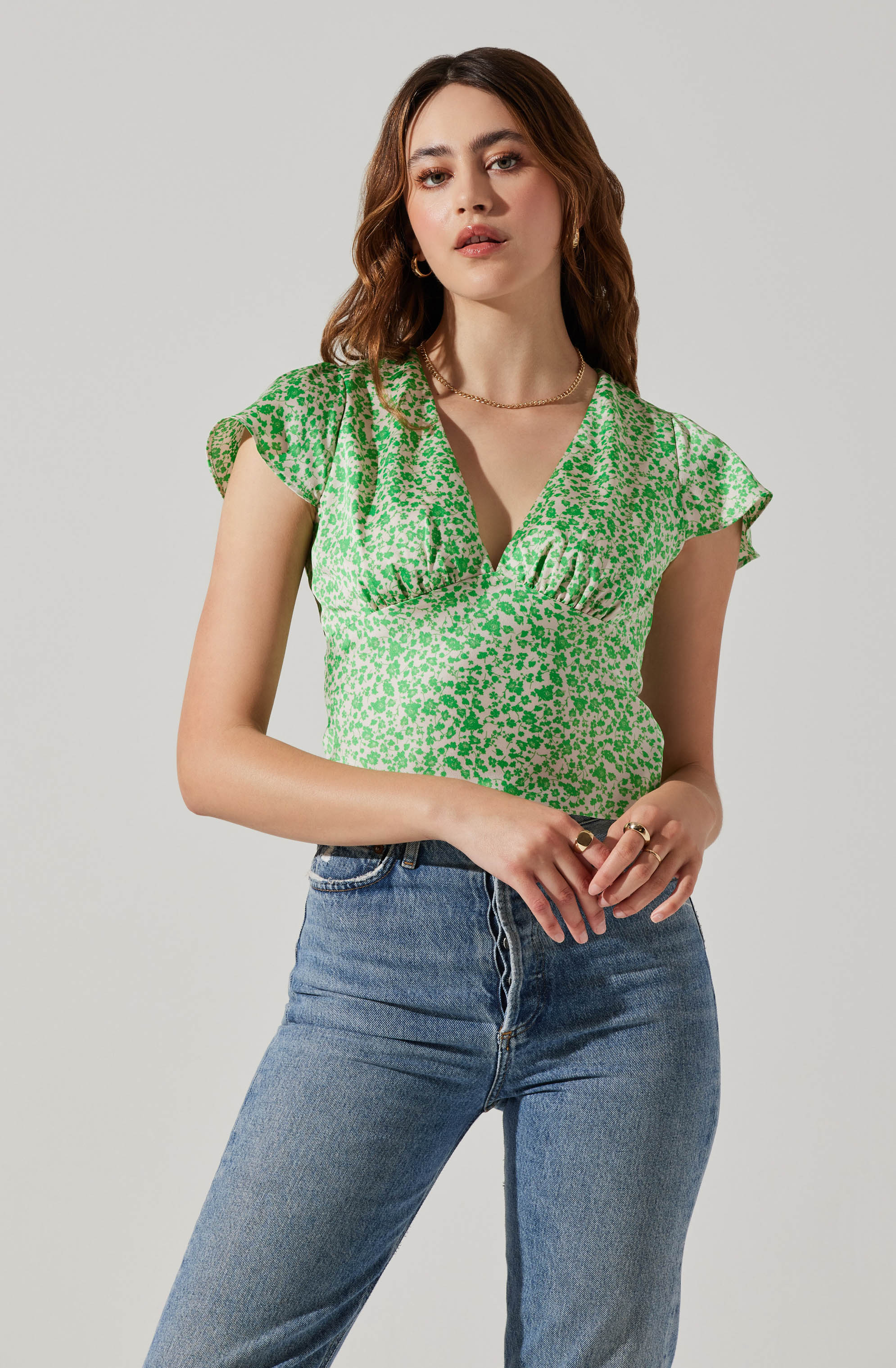 Satin V Neck Flutter Sleeve Top-Aljck