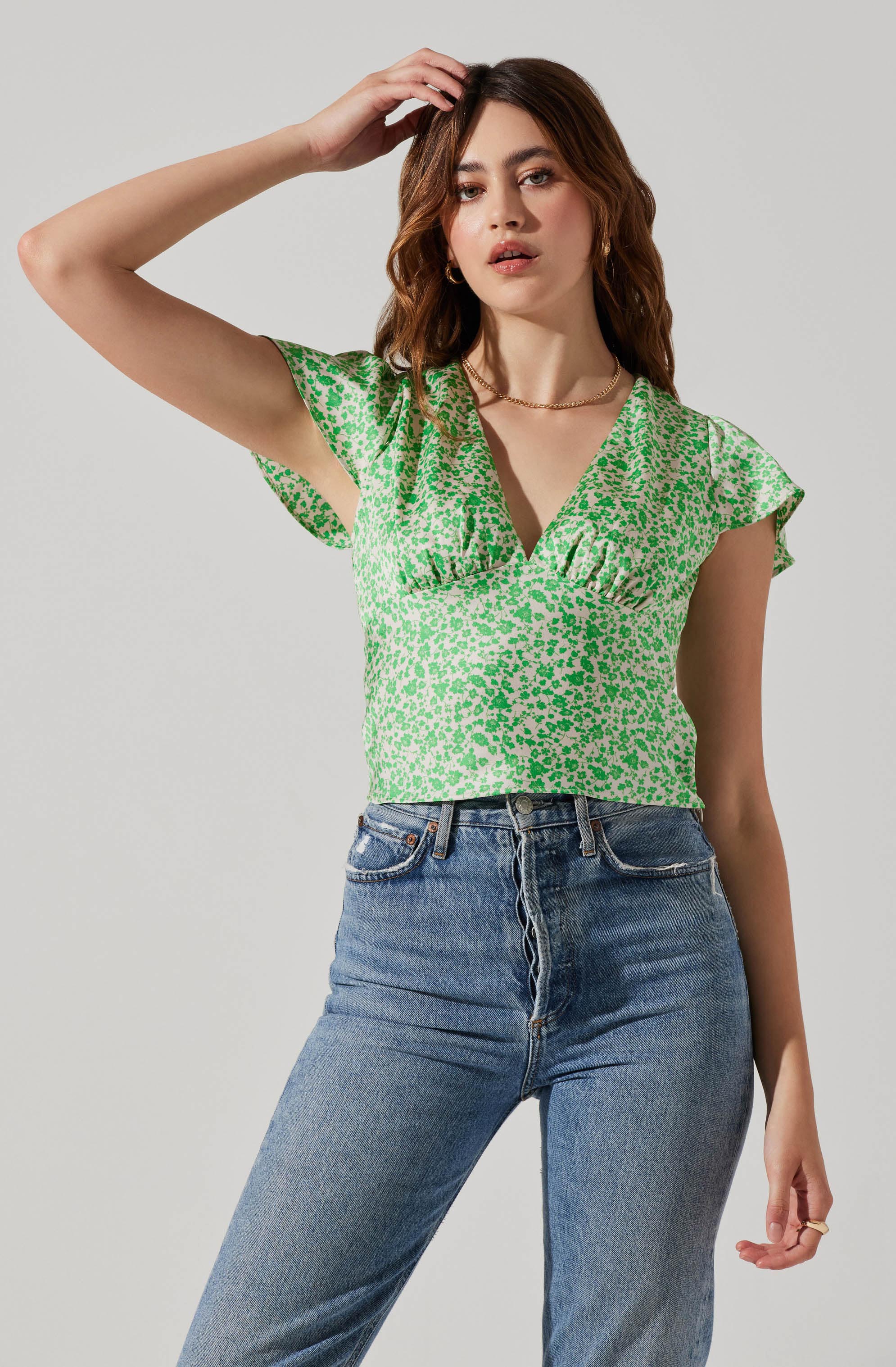 Satin V Neck Flutter Sleeve Top-Aljck