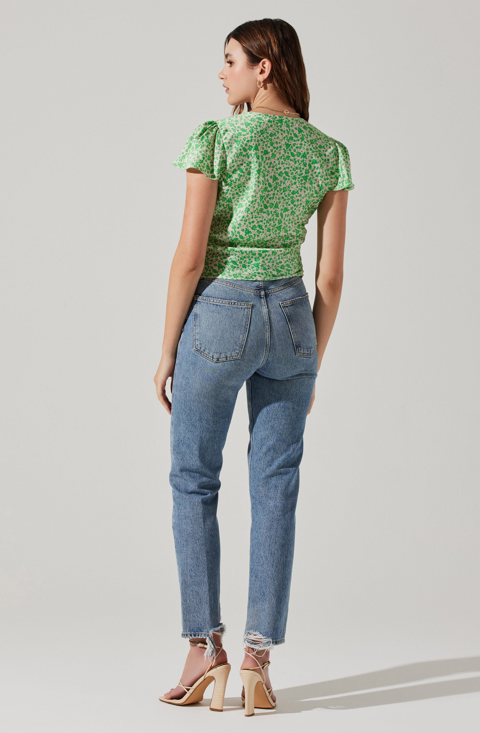 Satin V Neck Flutter Sleeve Top-Aljck