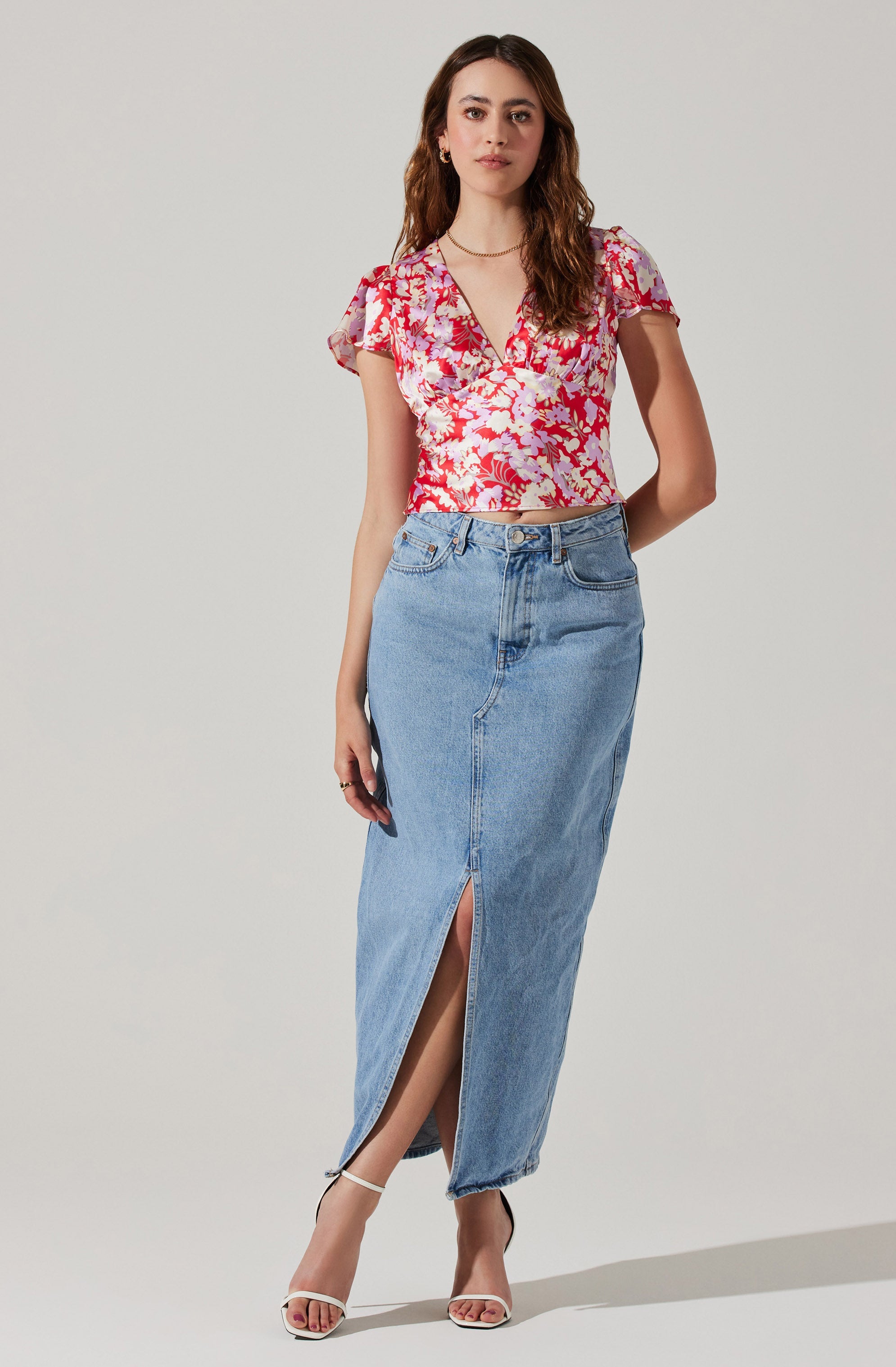 Satin V Neck Flutter Sleeve Top-Aljck