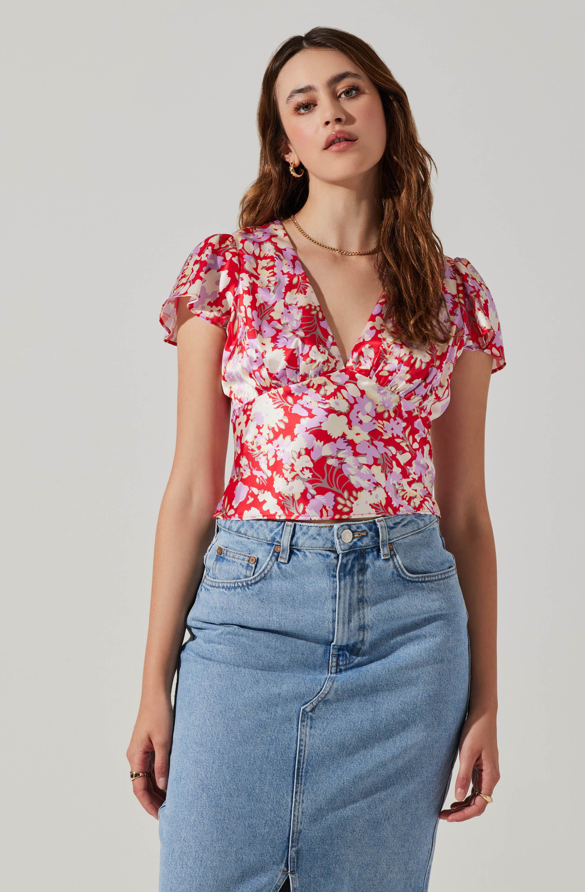 Satin V Neck Flutter Sleeve Top-Aljck