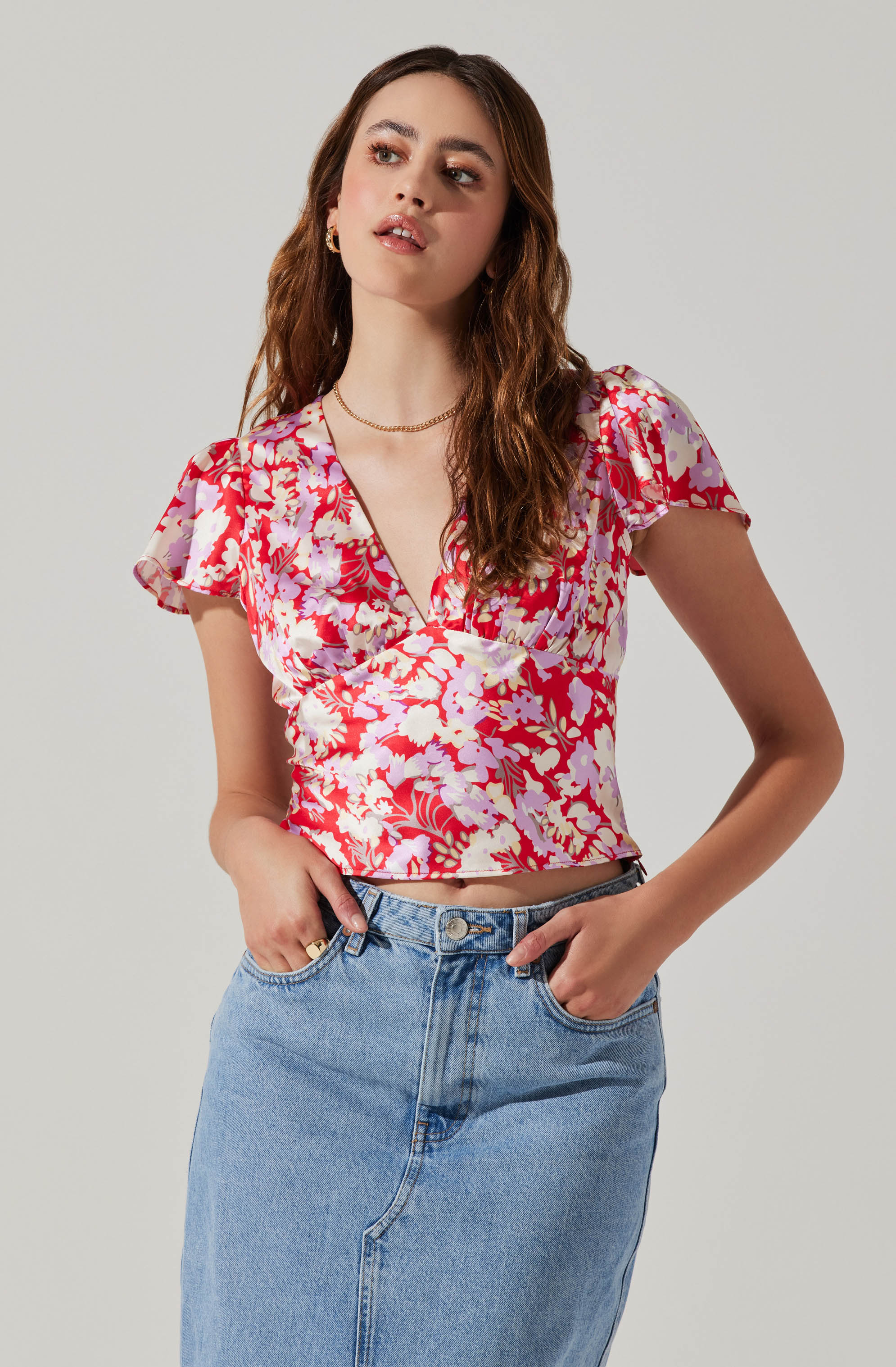 Satin V Neck Flutter Sleeve Top-Aljck