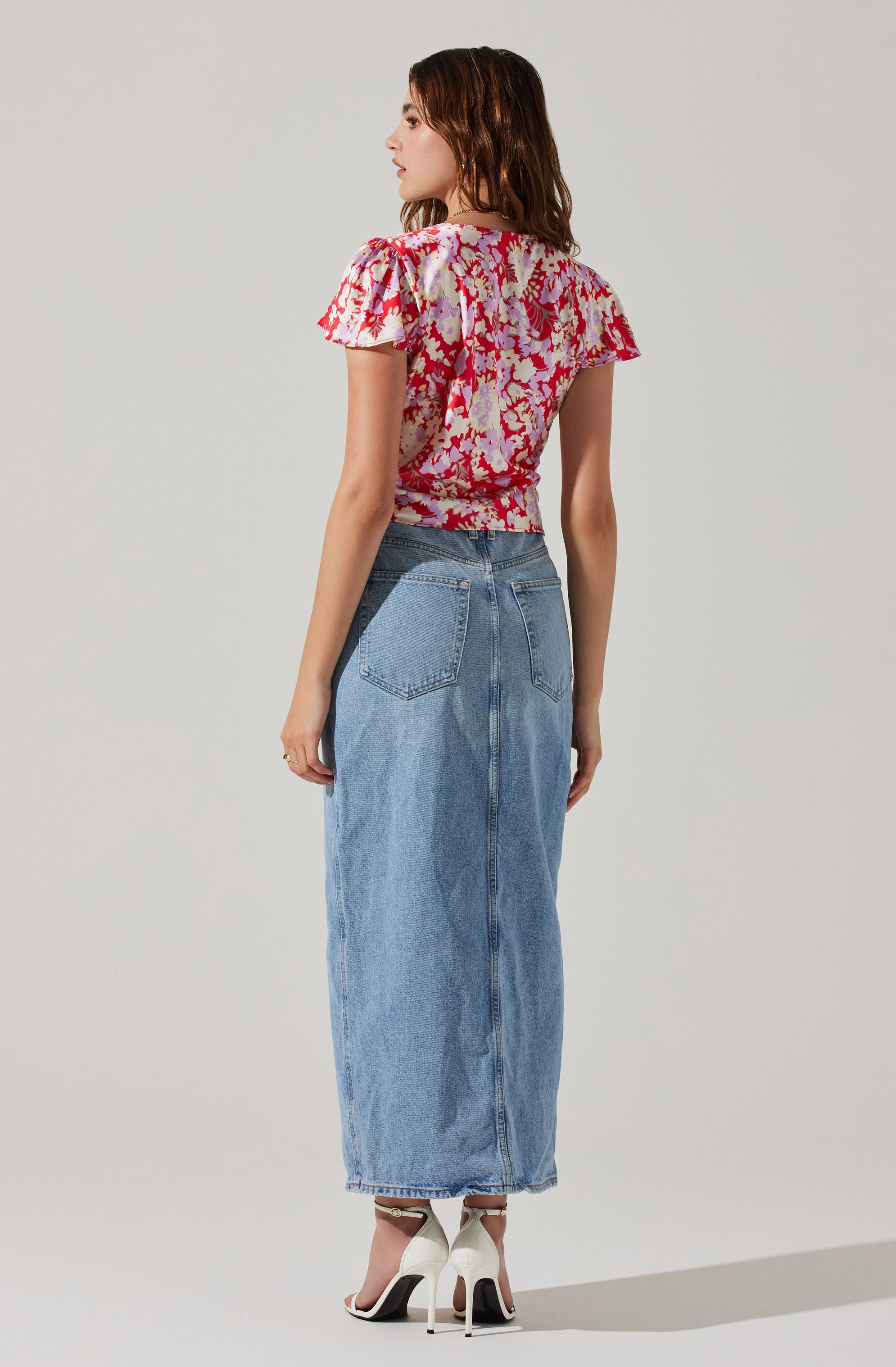 Satin V Neck Flutter Sleeve Top-Aljck