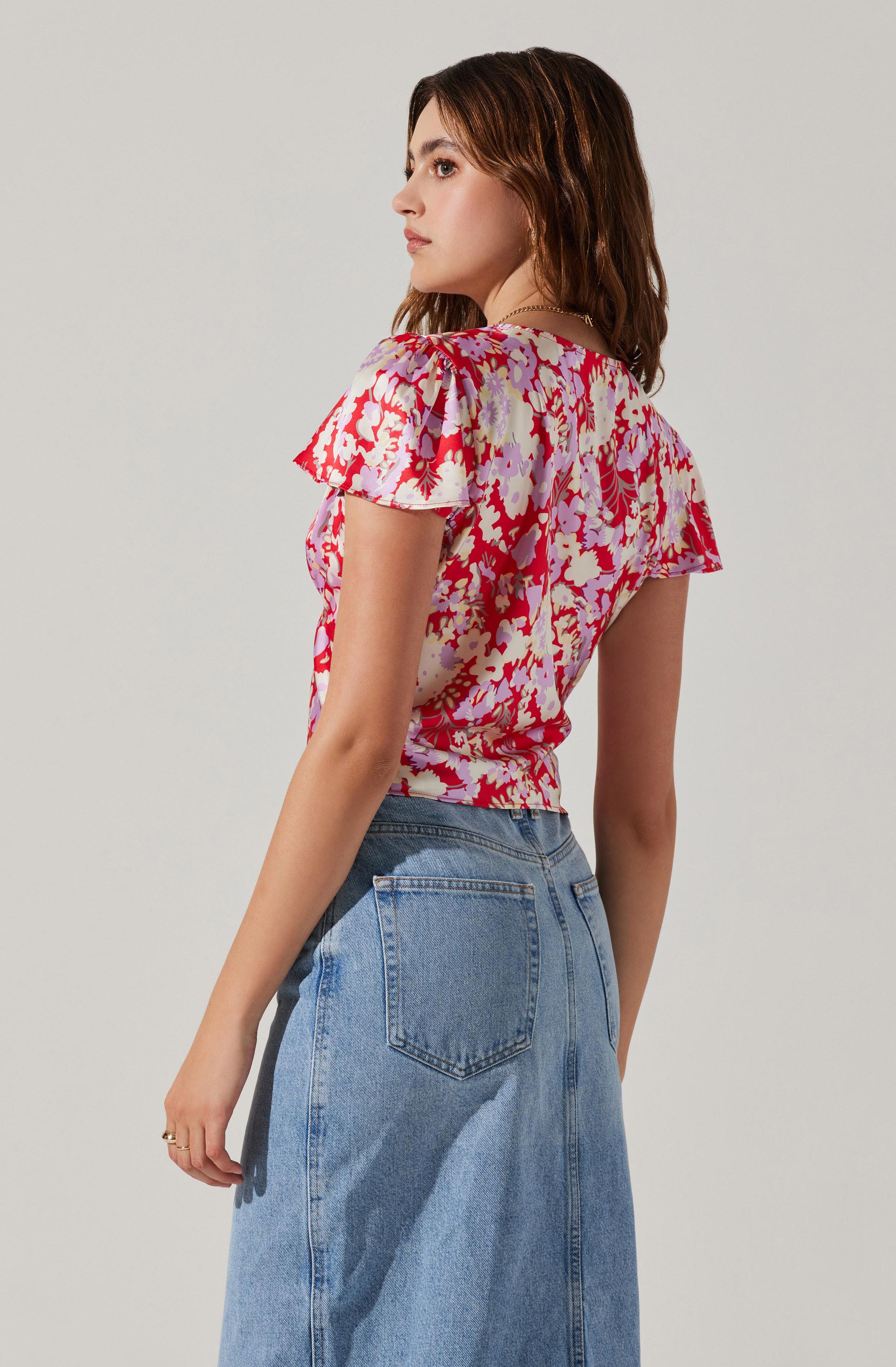 Satin V Neck Flutter Sleeve Top-Aljck