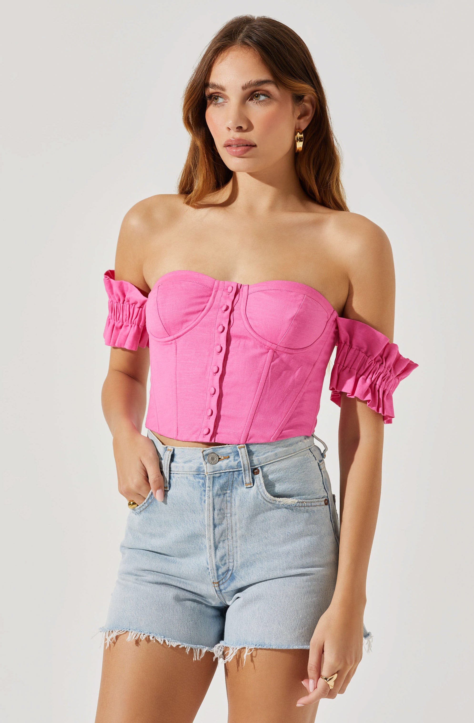 Off Shoulder Ruffle Corset Top-Aljck