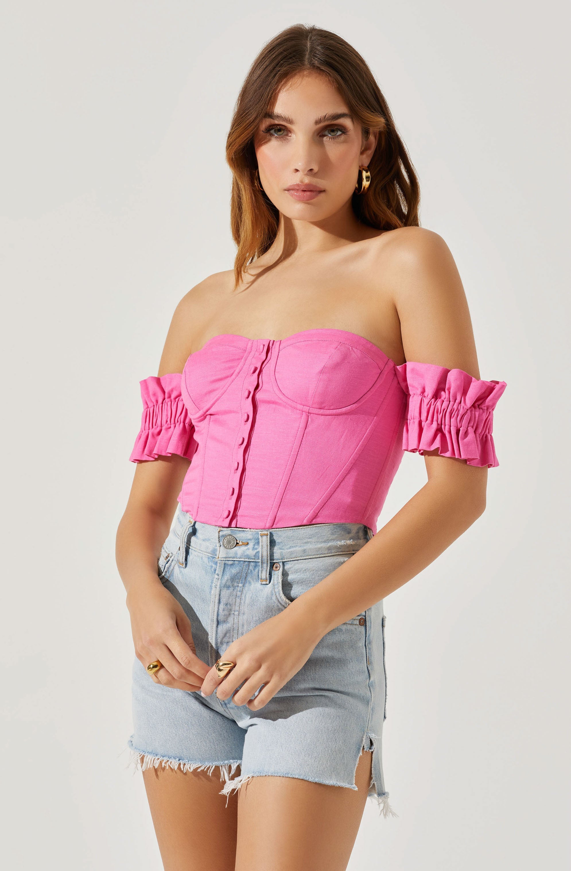 Off Shoulder Ruffle Corset Top-Aljck