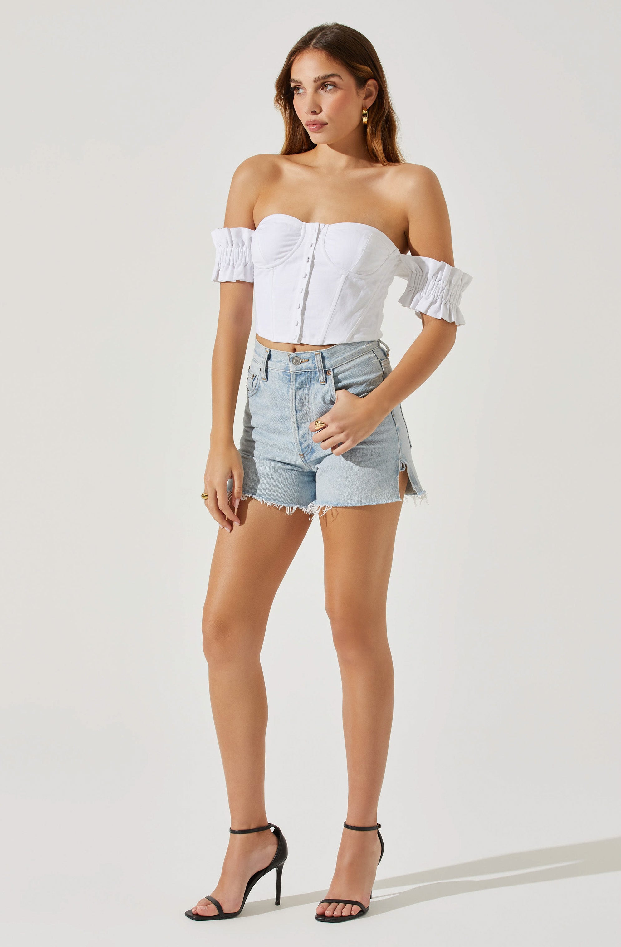Off Shoulder Ruffle Corset Top-Aljck