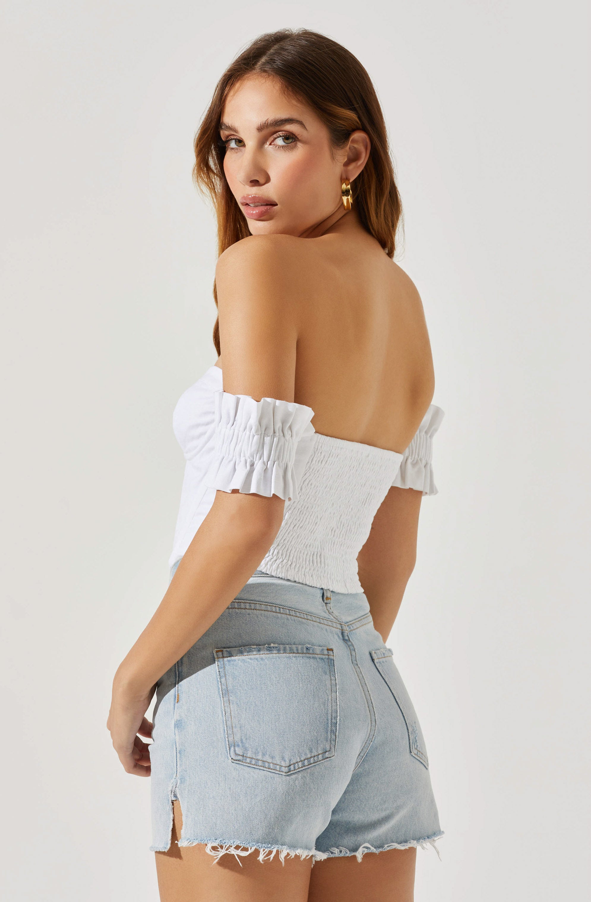 Off Shoulder Ruffle Corset Top-Aljck