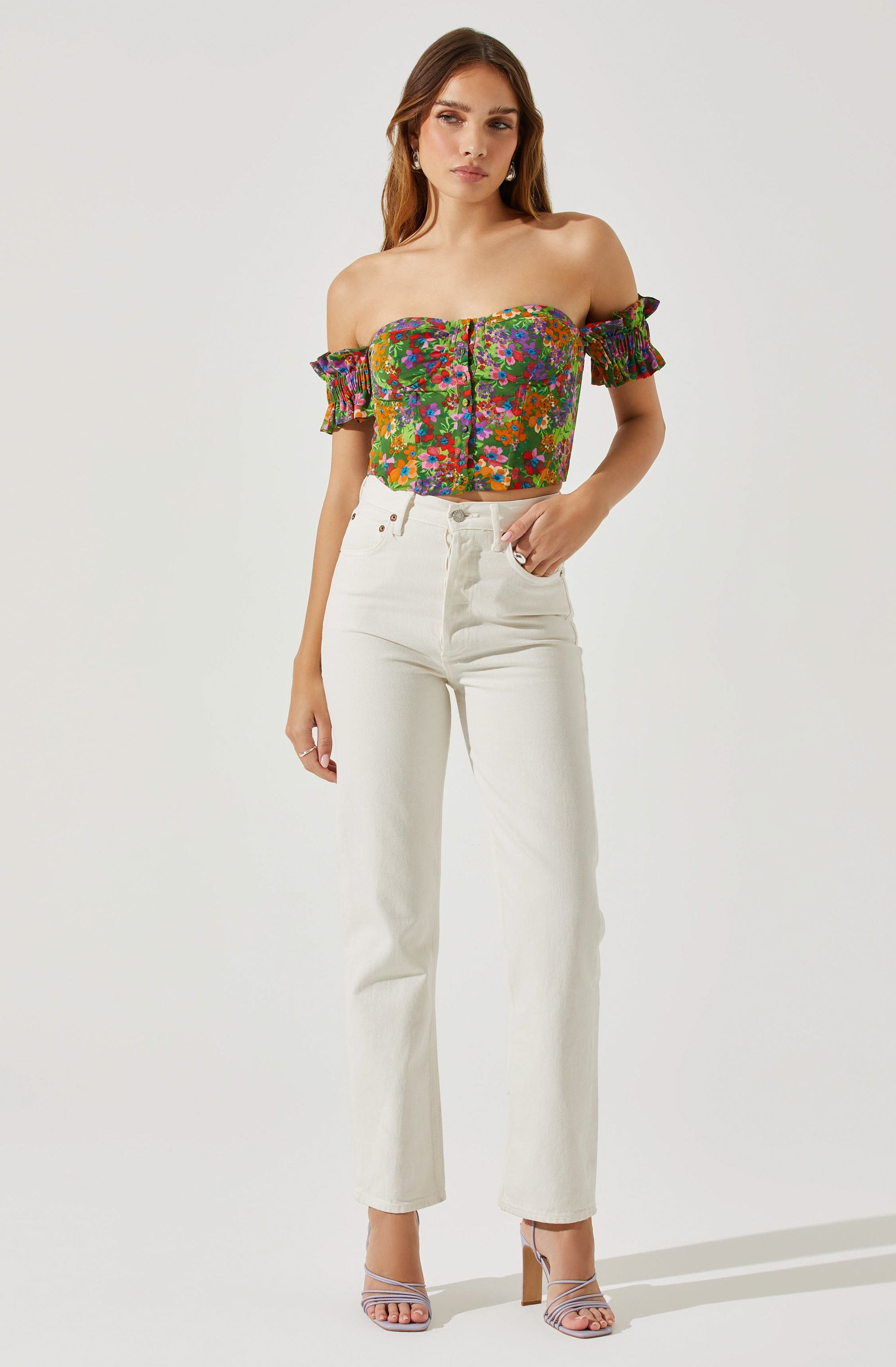 Off Shoulder Floral Ruffle Corset Top-Aljck