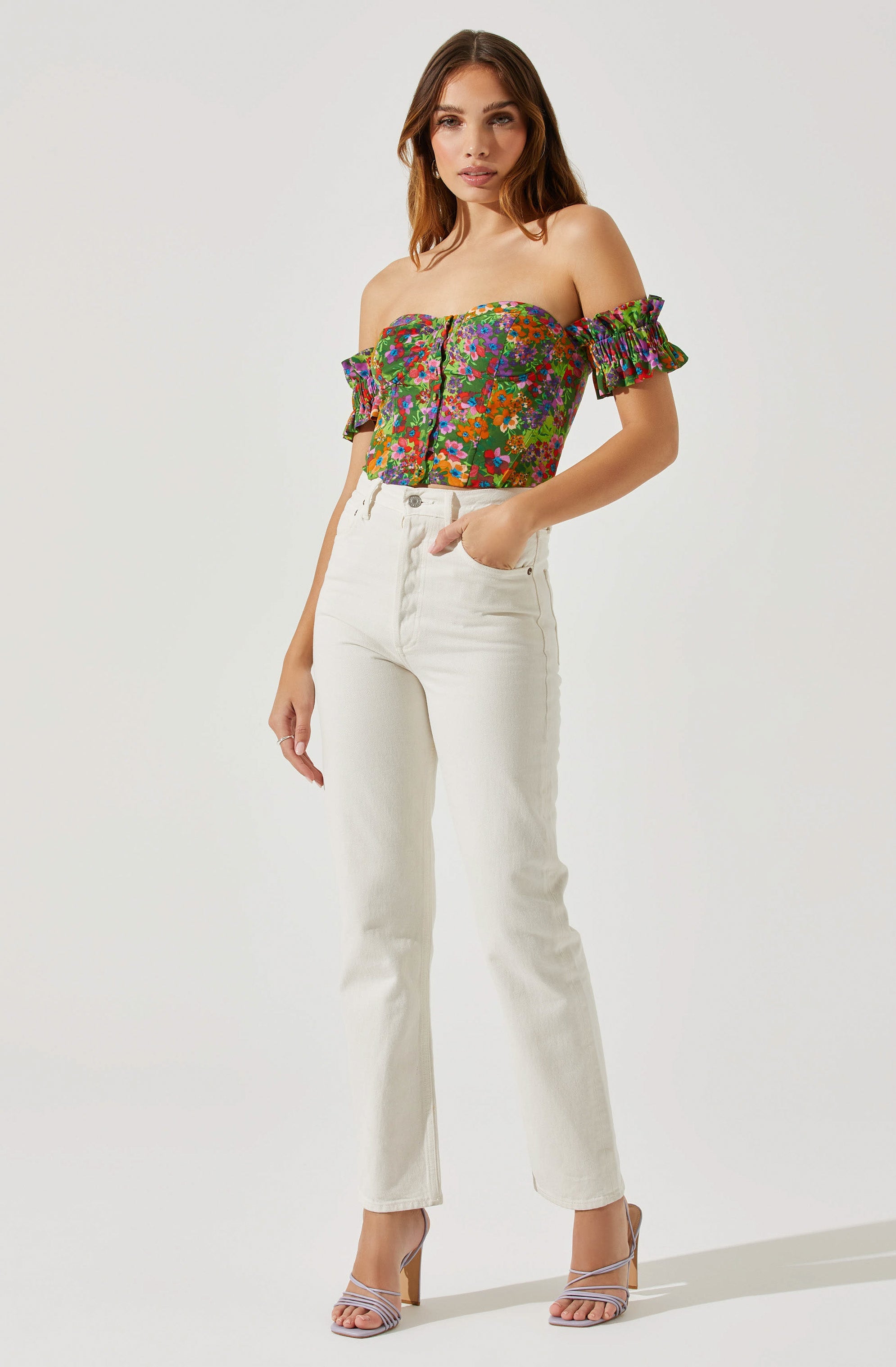 Off Shoulder Floral Ruffle Corset Top-Aljck