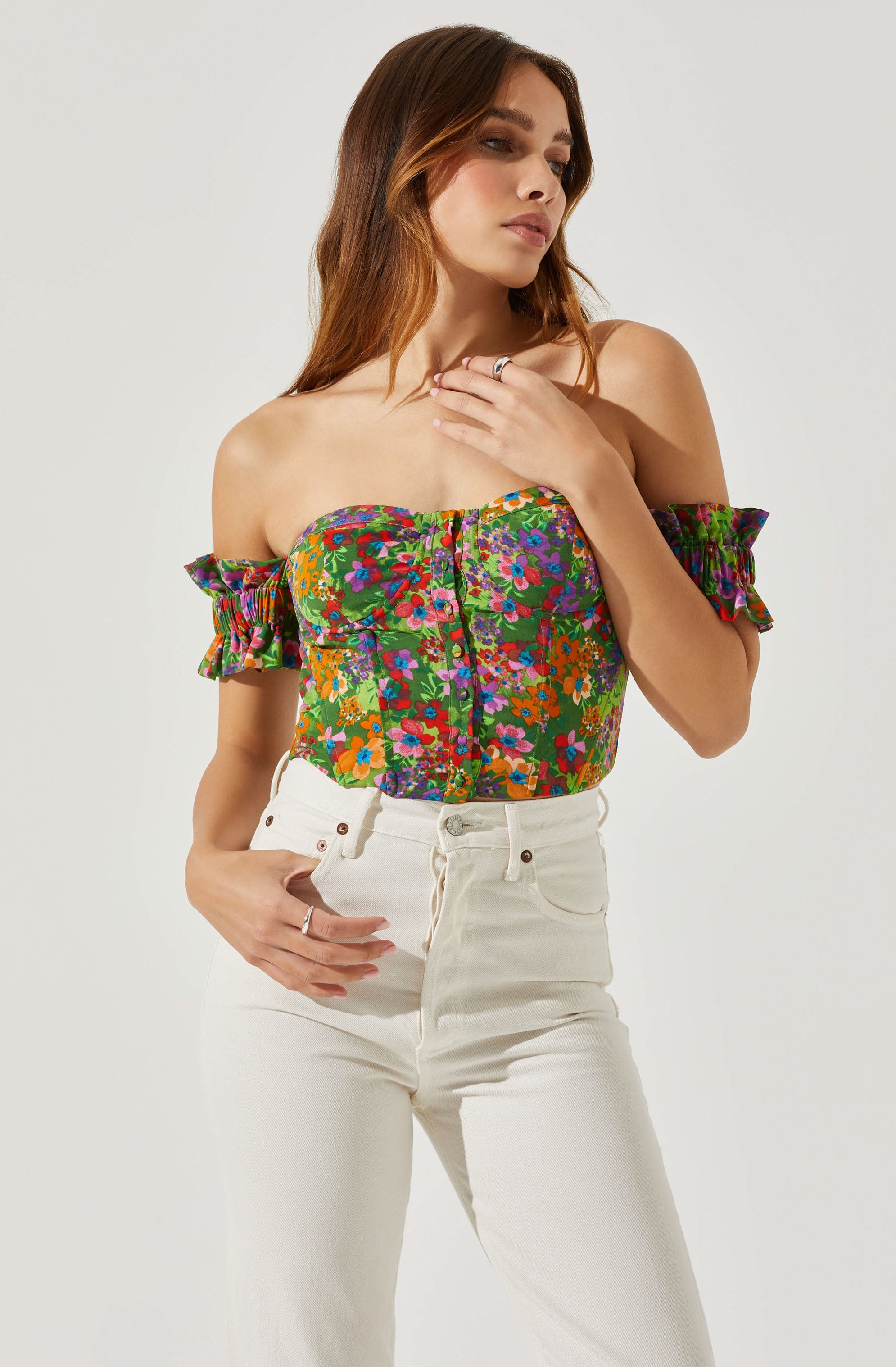 Off Shoulder Floral Ruffle Corset Top-Aljck