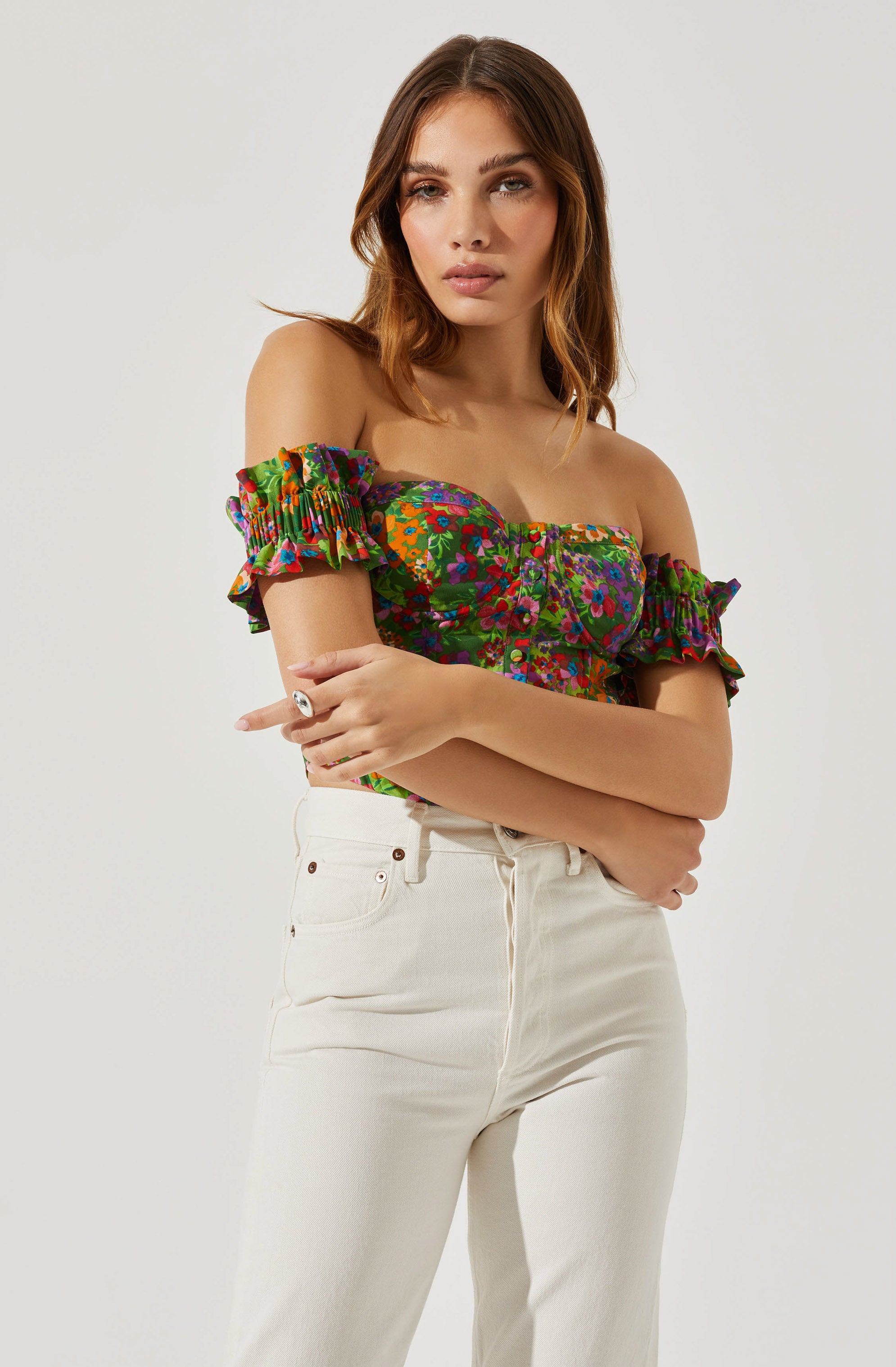 Off Shoulder Floral Ruffle Corset Top-Aljck